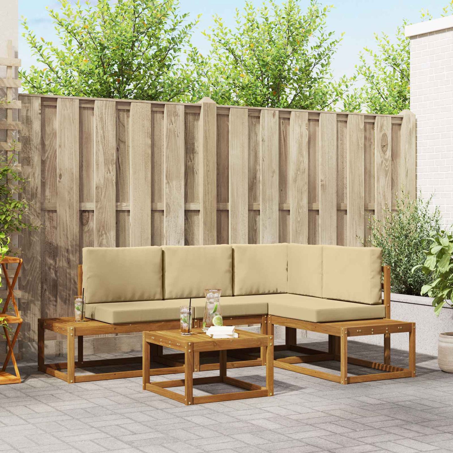 Set di divani da esterno con cuscino 5 Pezzo Naturale e Beige