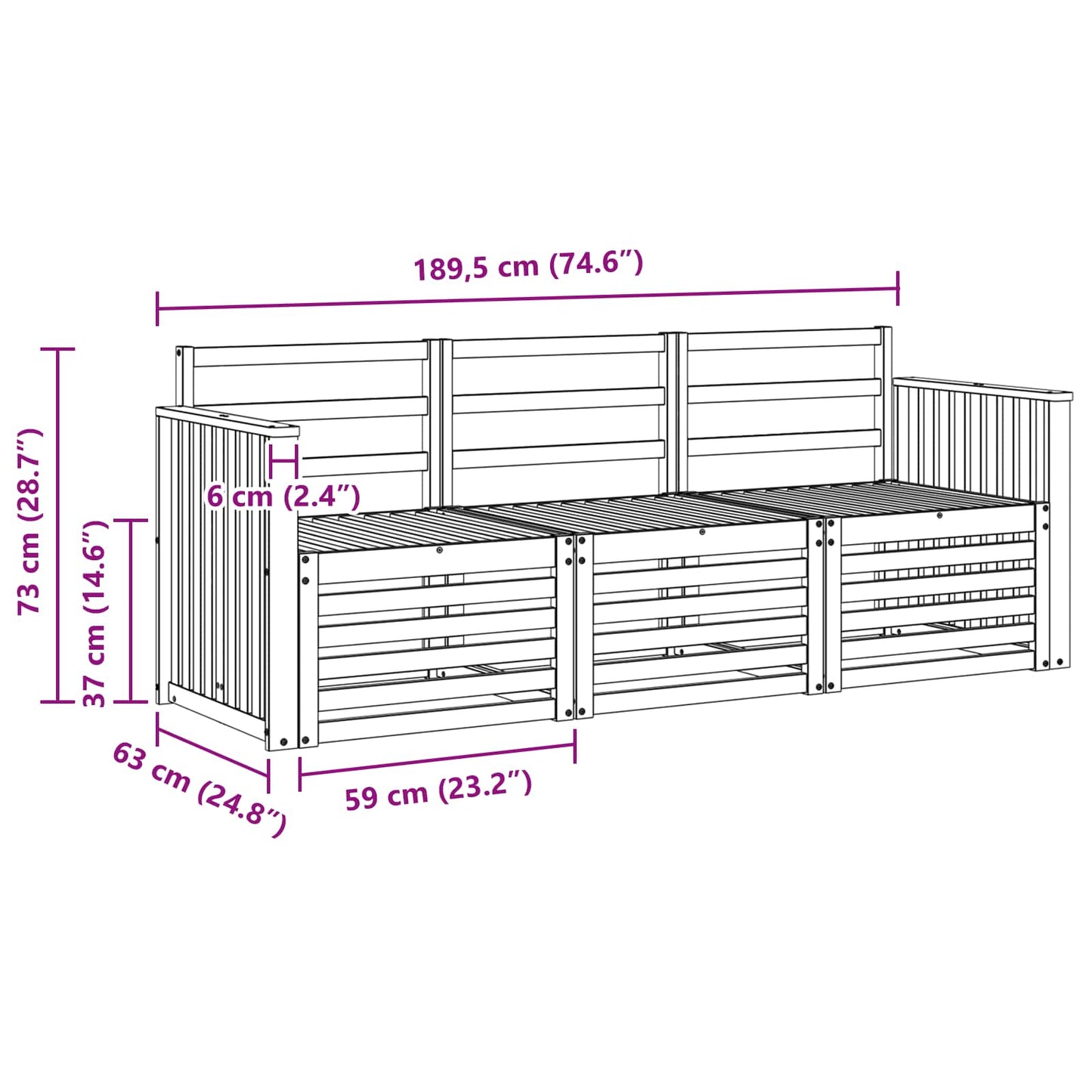 Set divani 3 pcs Naturale Legno di Acacia Massello