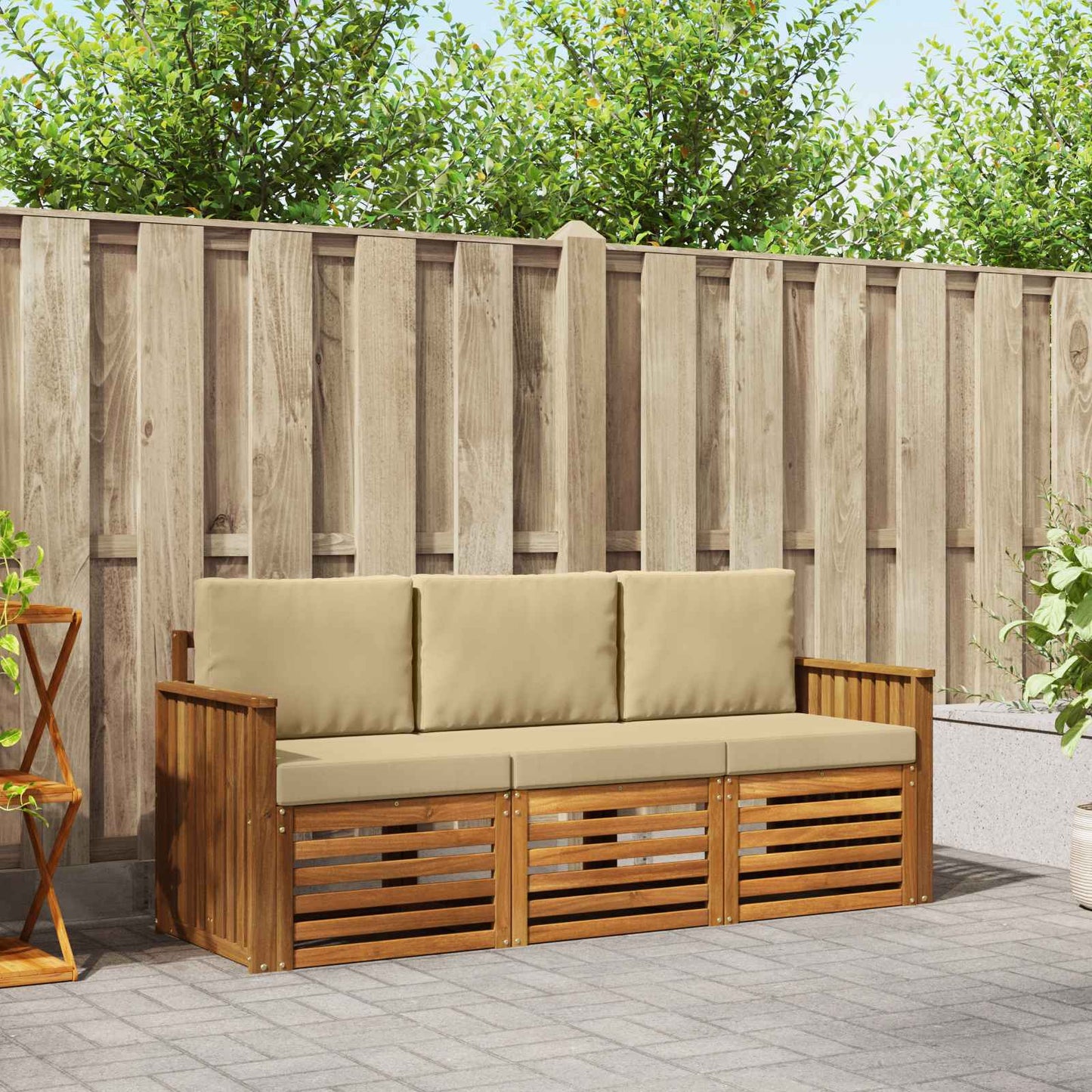 Set divani 3 pcs Naturale e Beige Legno di Acacia Massello