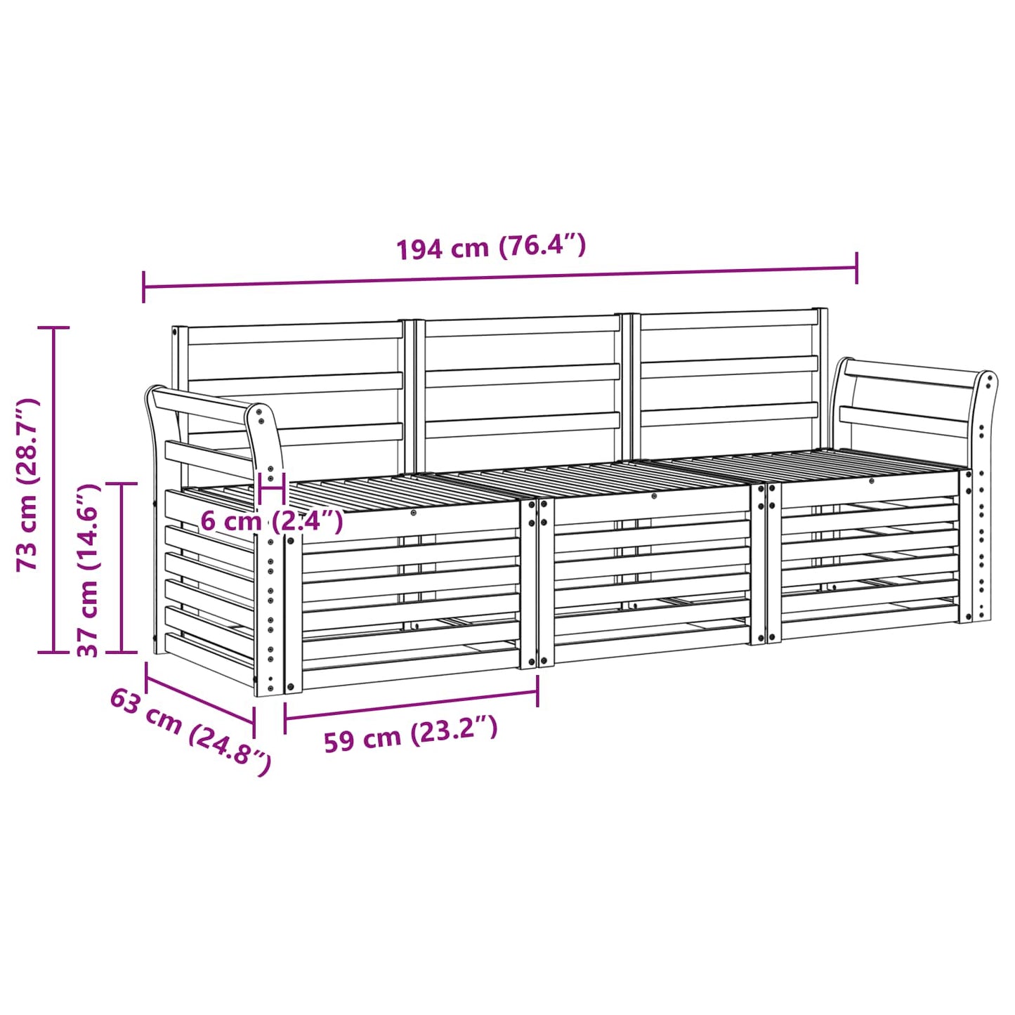 Set divani 3 pcs Naturale Legno di Acacia Massello