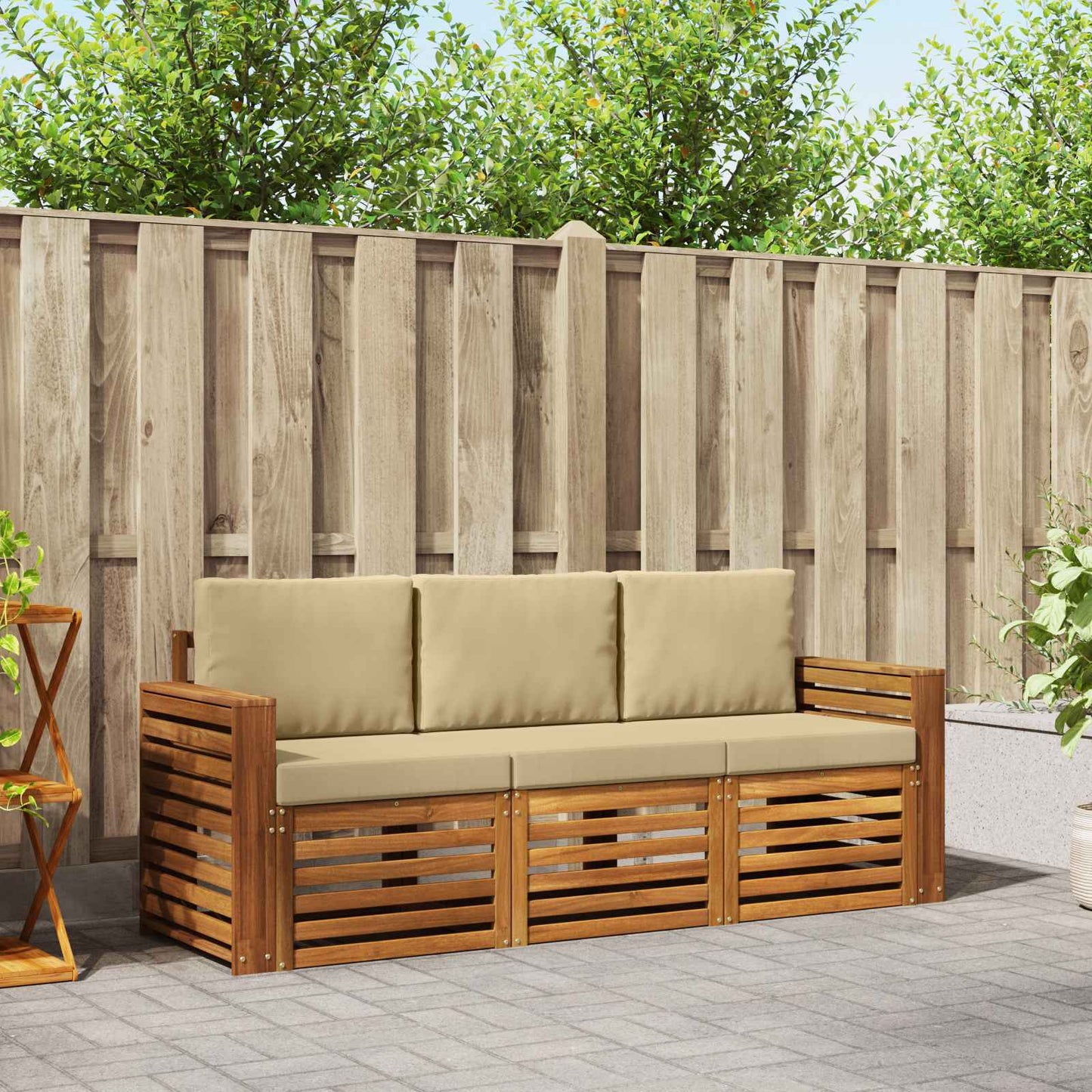 Set divani 3 pcs Naturale e Beige Legno di Acacia Massello