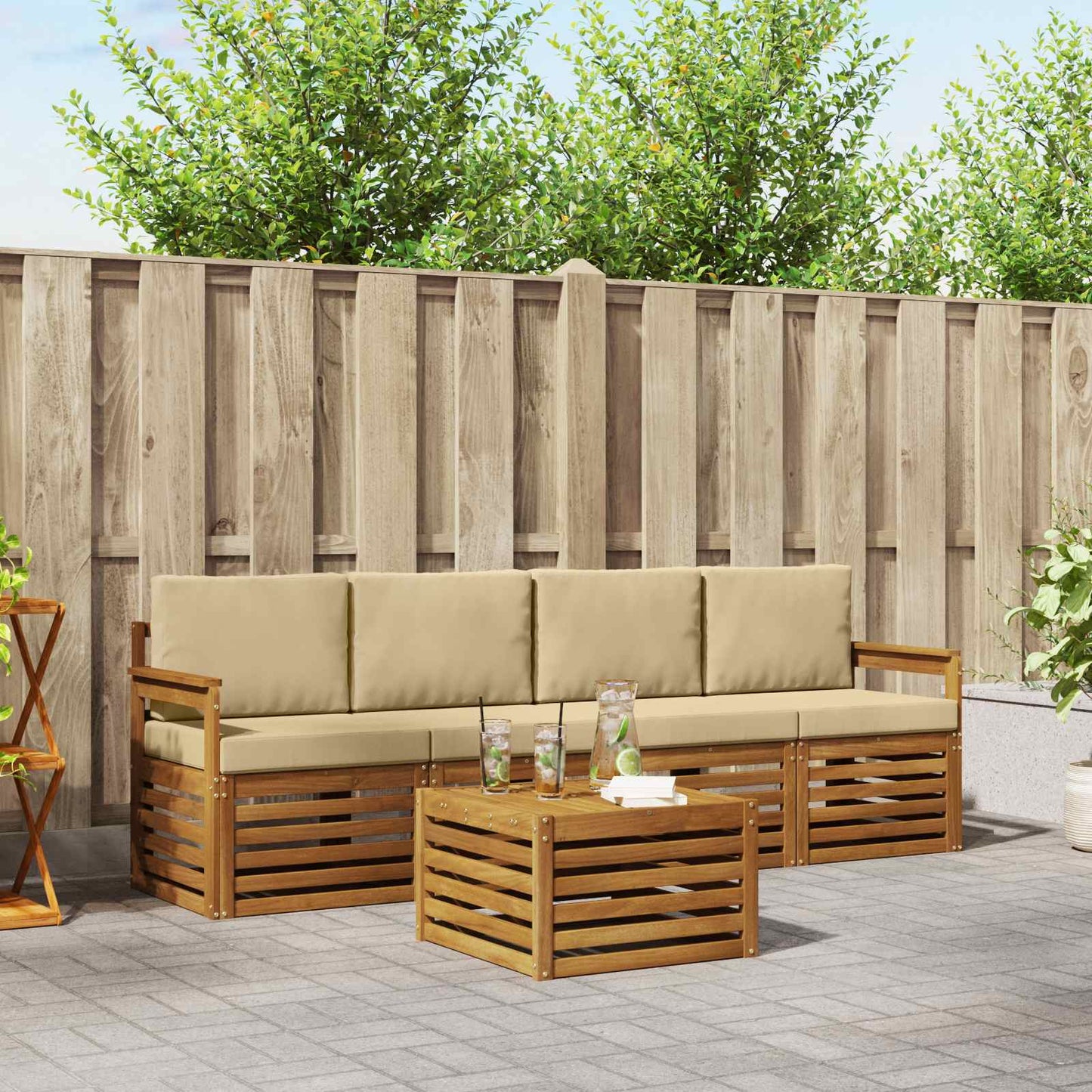 Set divani 5 pcs Naturale e Beige Legno di Acacia Massello