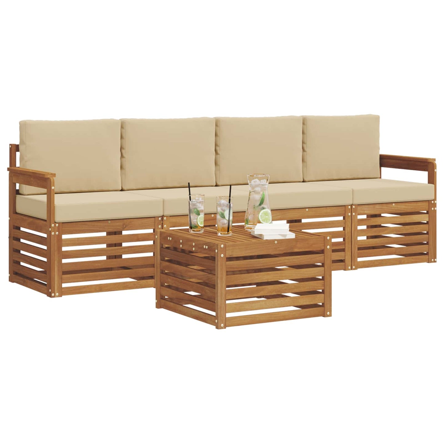Set divani 5 pcs Naturale e Beige Legno di Acacia Massello