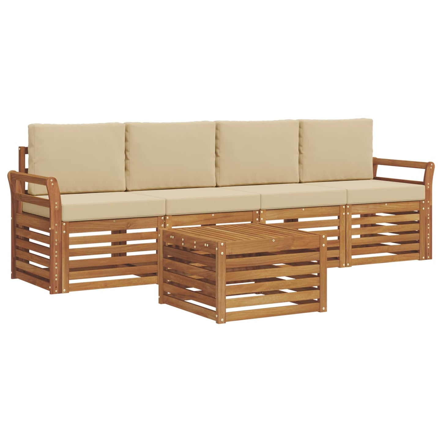 Set divani 5 pcs Naturale e Beige Legno di Acacia Massello