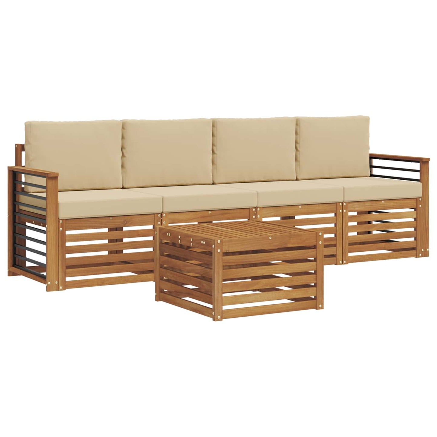 Set divani 5 pcs Naturale e Beige Legno di Acacia Massello