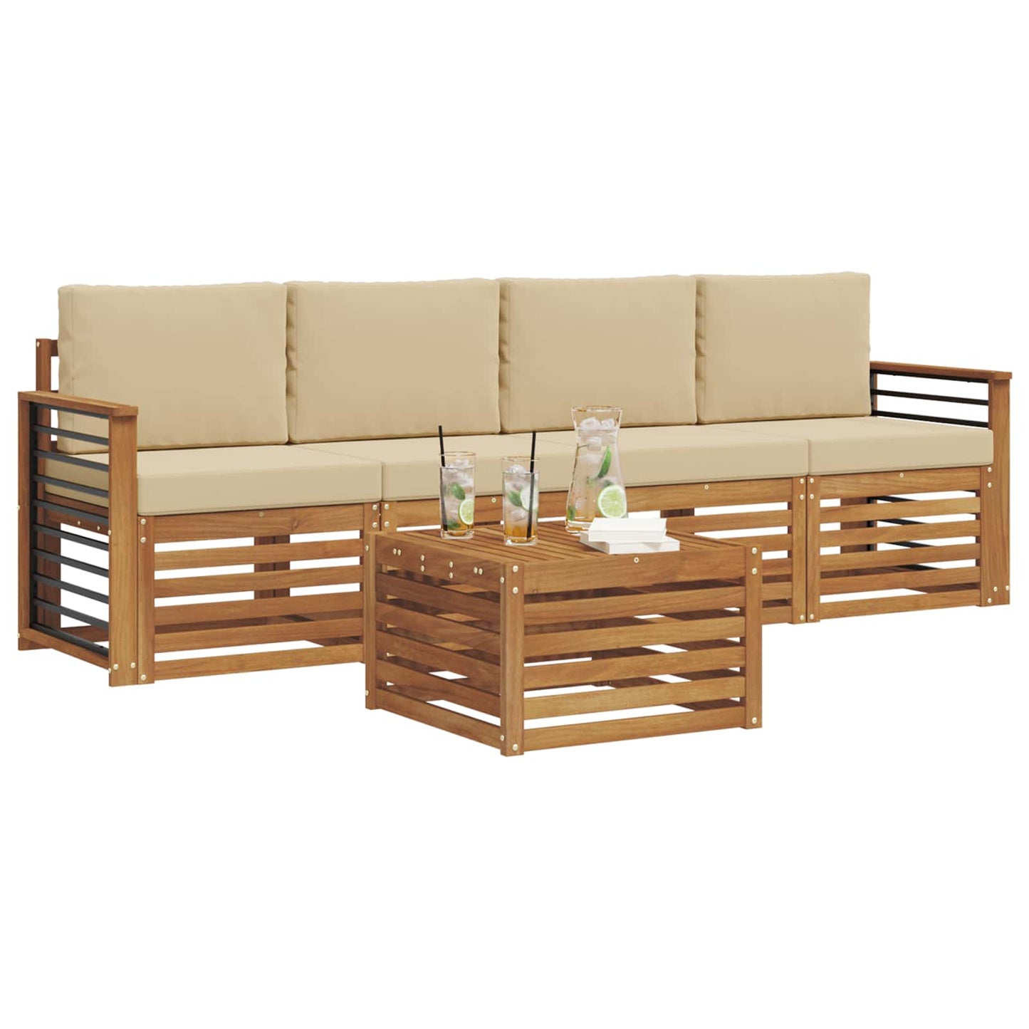 Set divani 5 pcs Naturale e Beige Legno di Acacia Massello