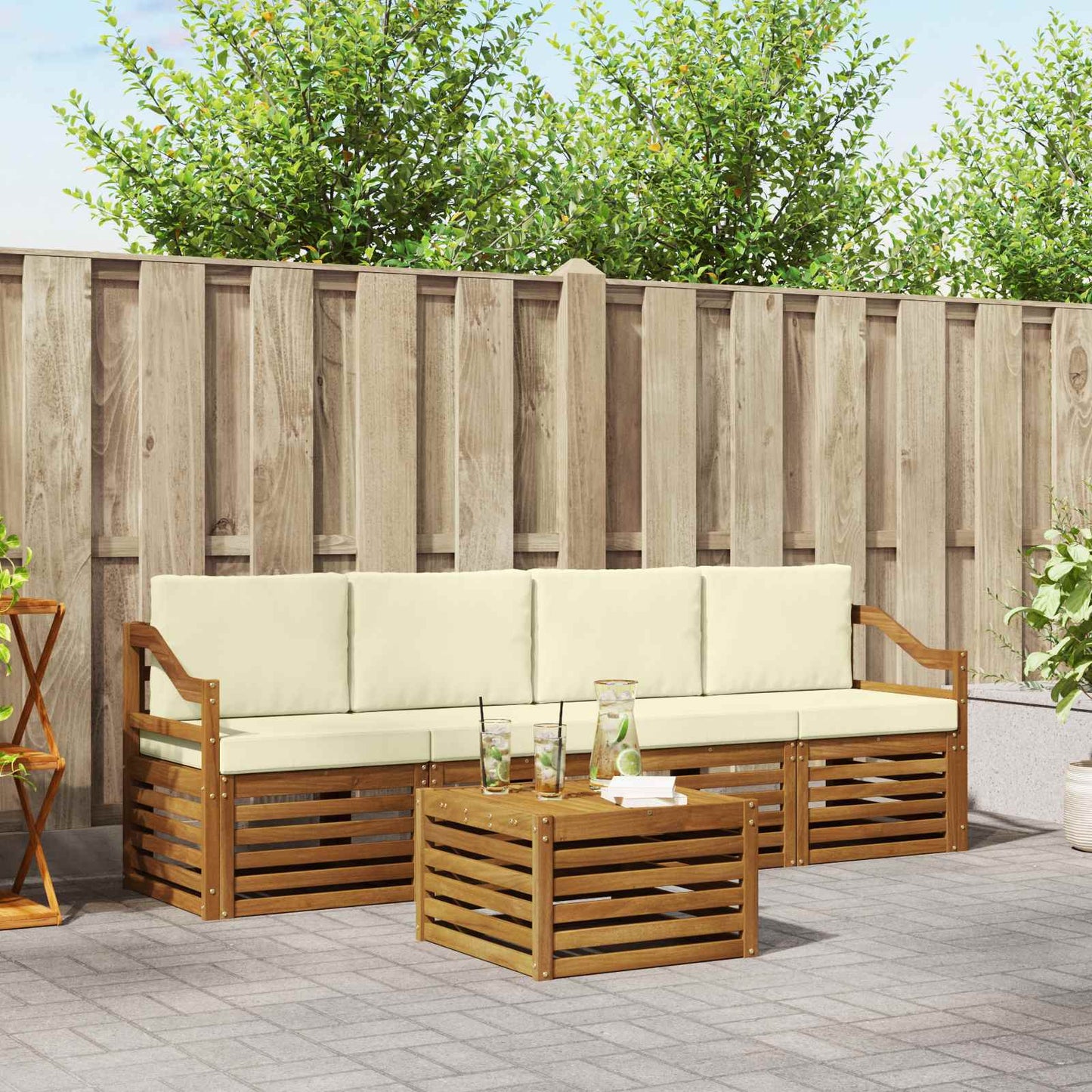 Set divani 5 pcs Naturale e Crema Legno di Acacia Massello