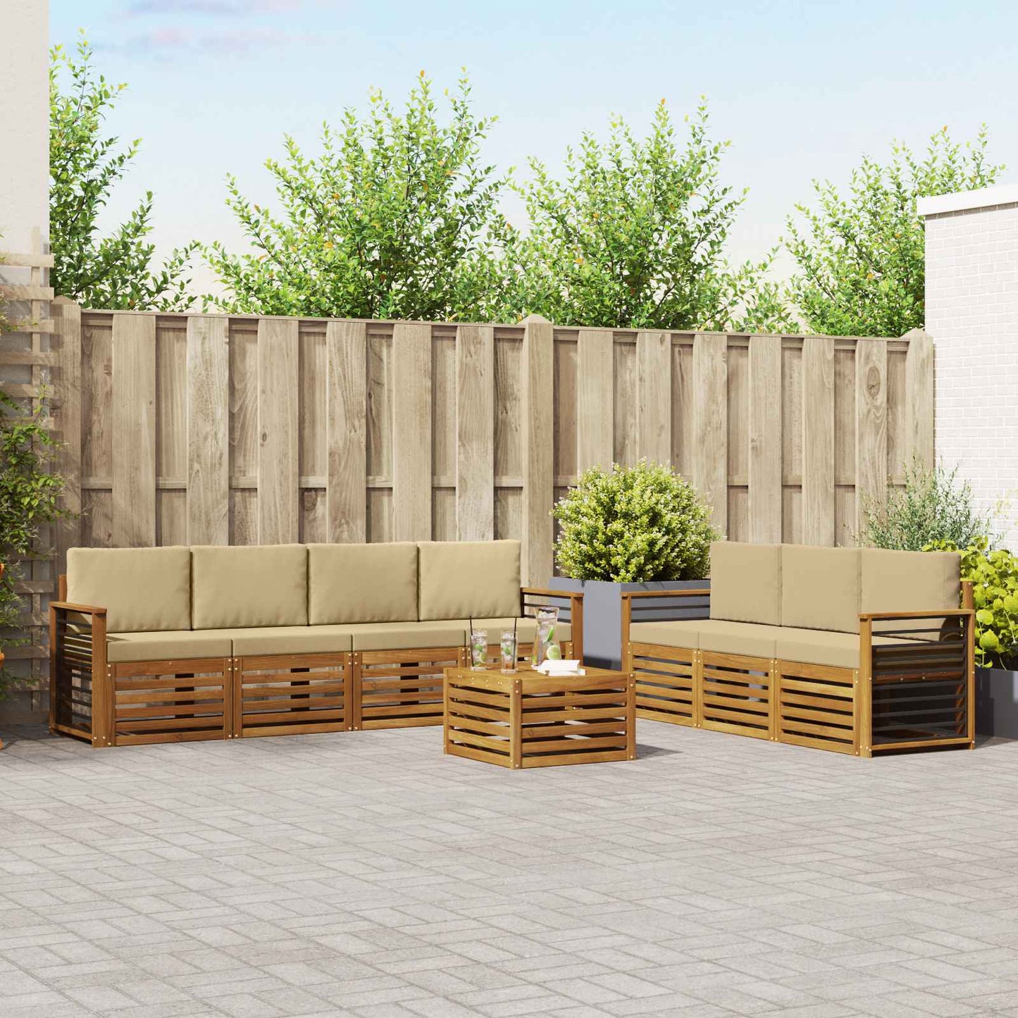 Set divani 8 pcs Naturale e Beige Legno di Acacia Massello