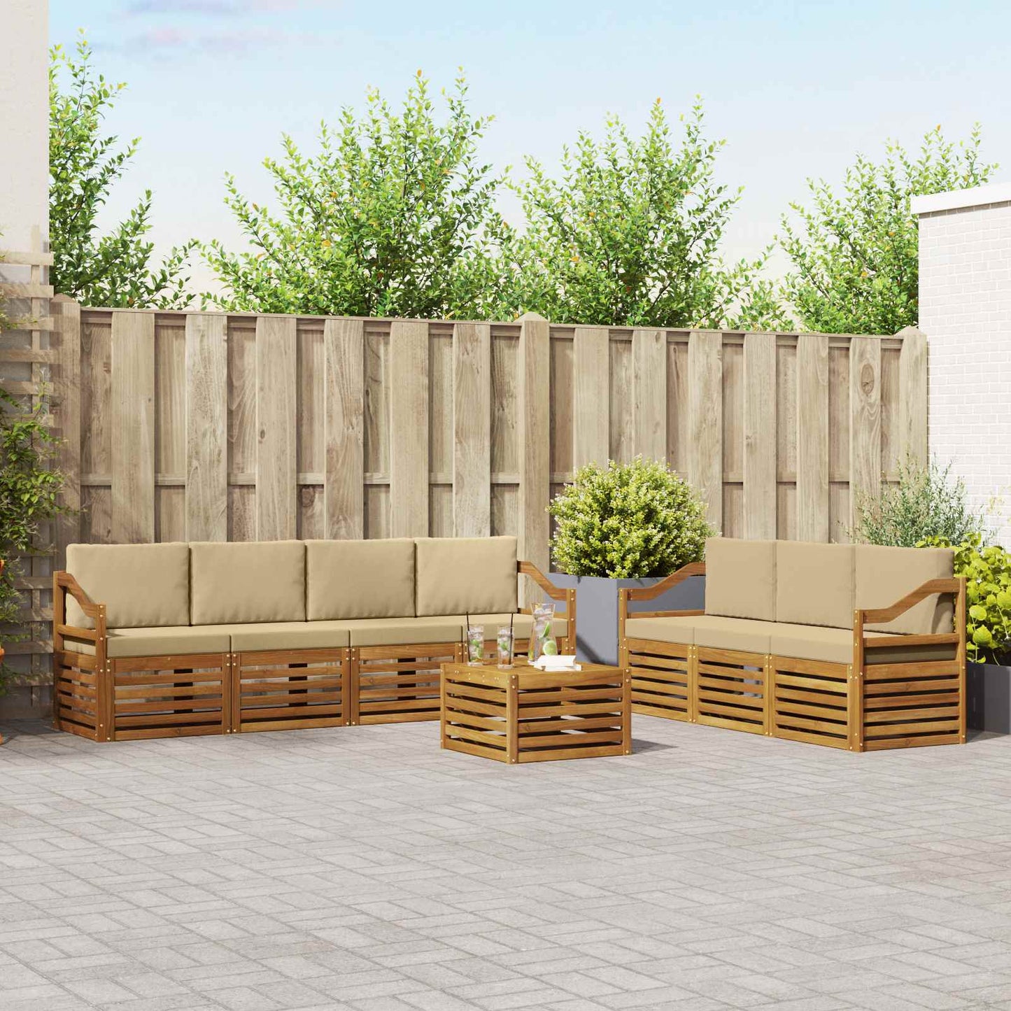 Set divani 8 pcs Naturale e Beige Legno di Acacia Massello