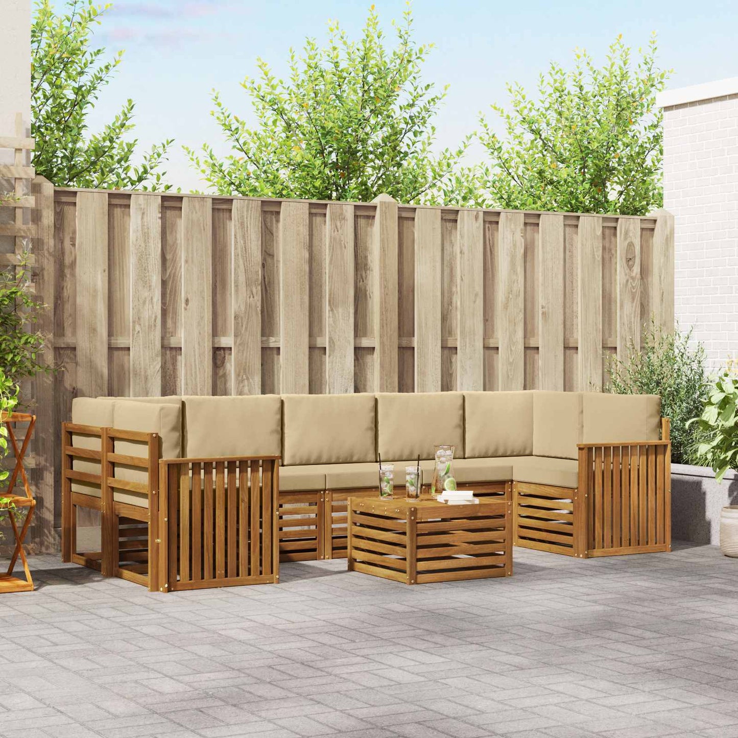 Set divani 8 pcs Naturale e Beige Legno di Acacia Massello