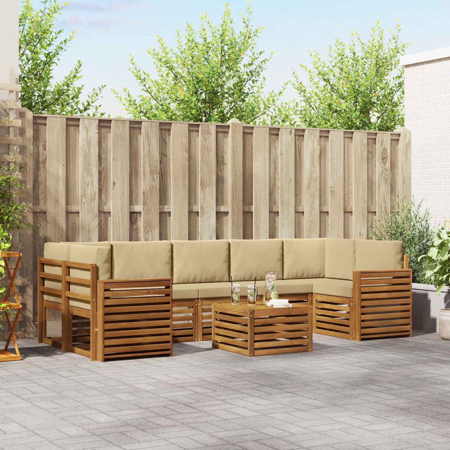 Set divani 8 pcs Naturale e Beige Legno di Acacia Massello