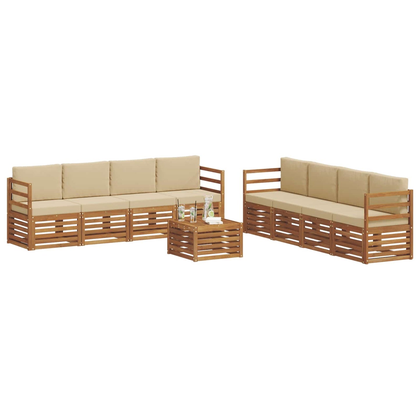 Set divani 9 pcs Naturale e Beige Legno di Acacia Massello