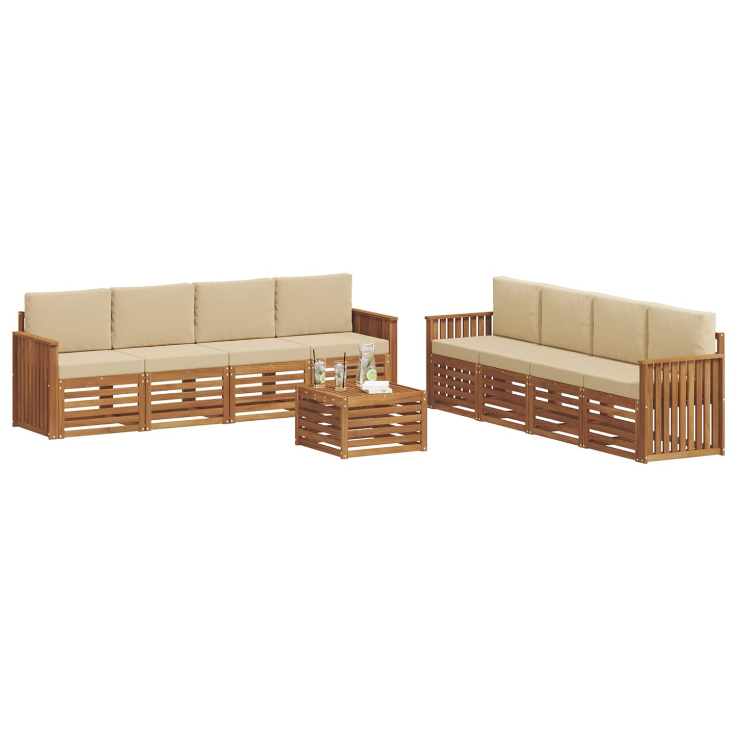 Set divani 9 pcs Naturale e Beige Legno di Acacia Massello