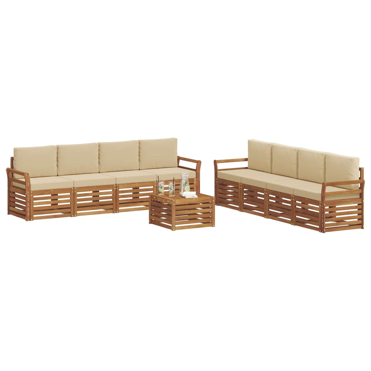 Set divani 9 pcs Naturale e Beige Legno di Acacia Massello