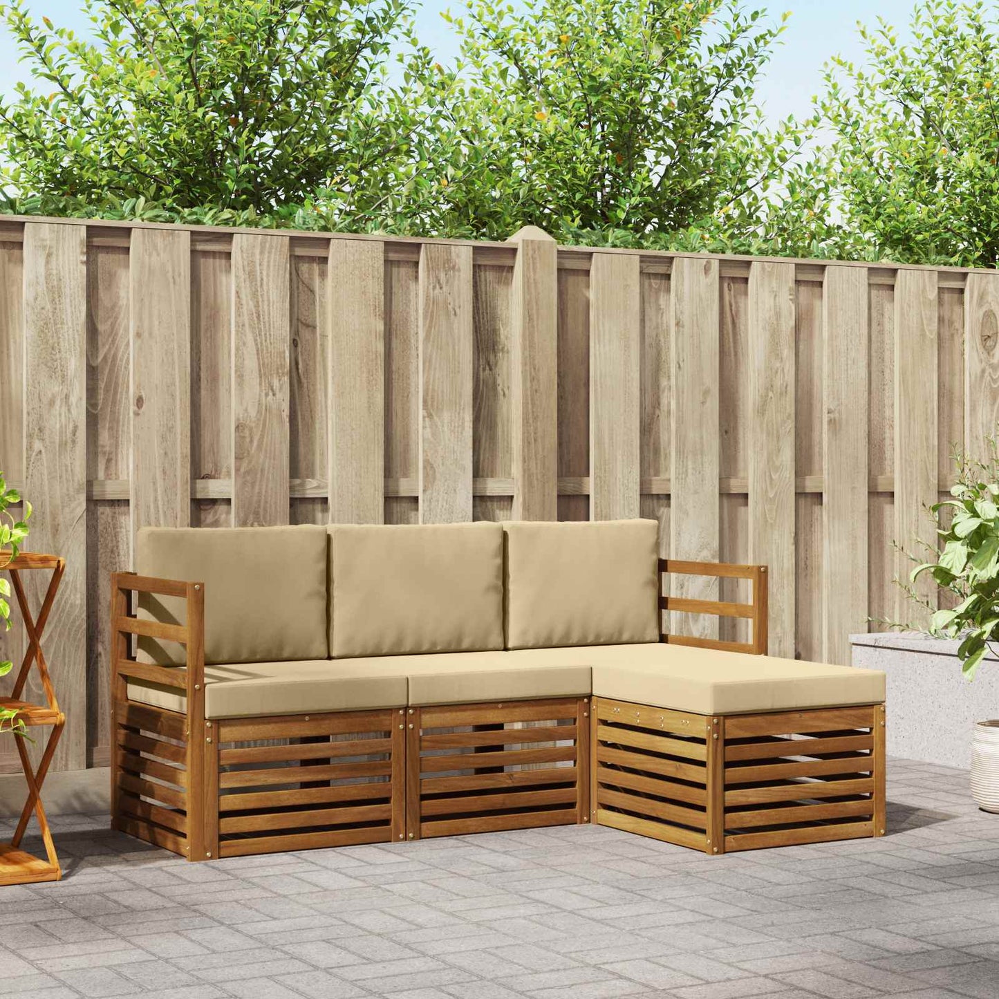 Set divani 4 pcs Naturale e Beige Legno di Acacia Massello