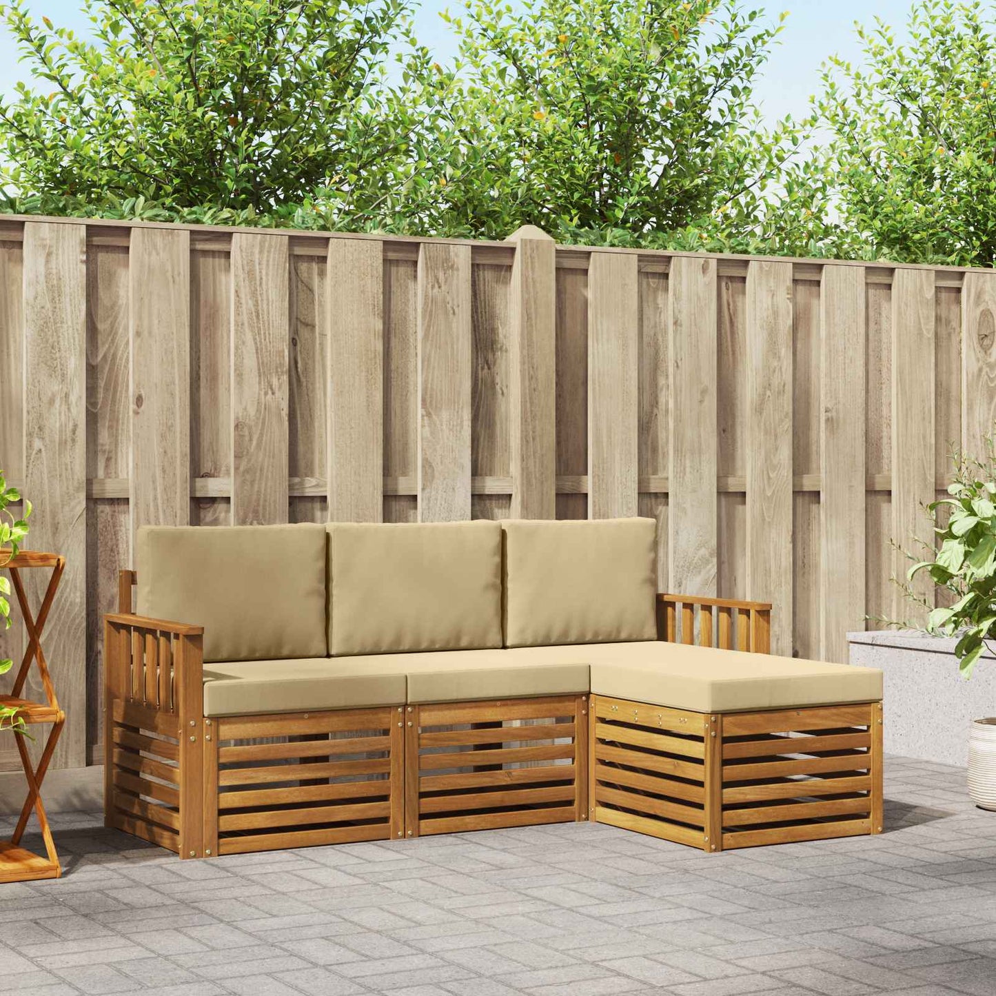 Set divani 4 pcs Naturale e Beige Legno di Acacia Massello
