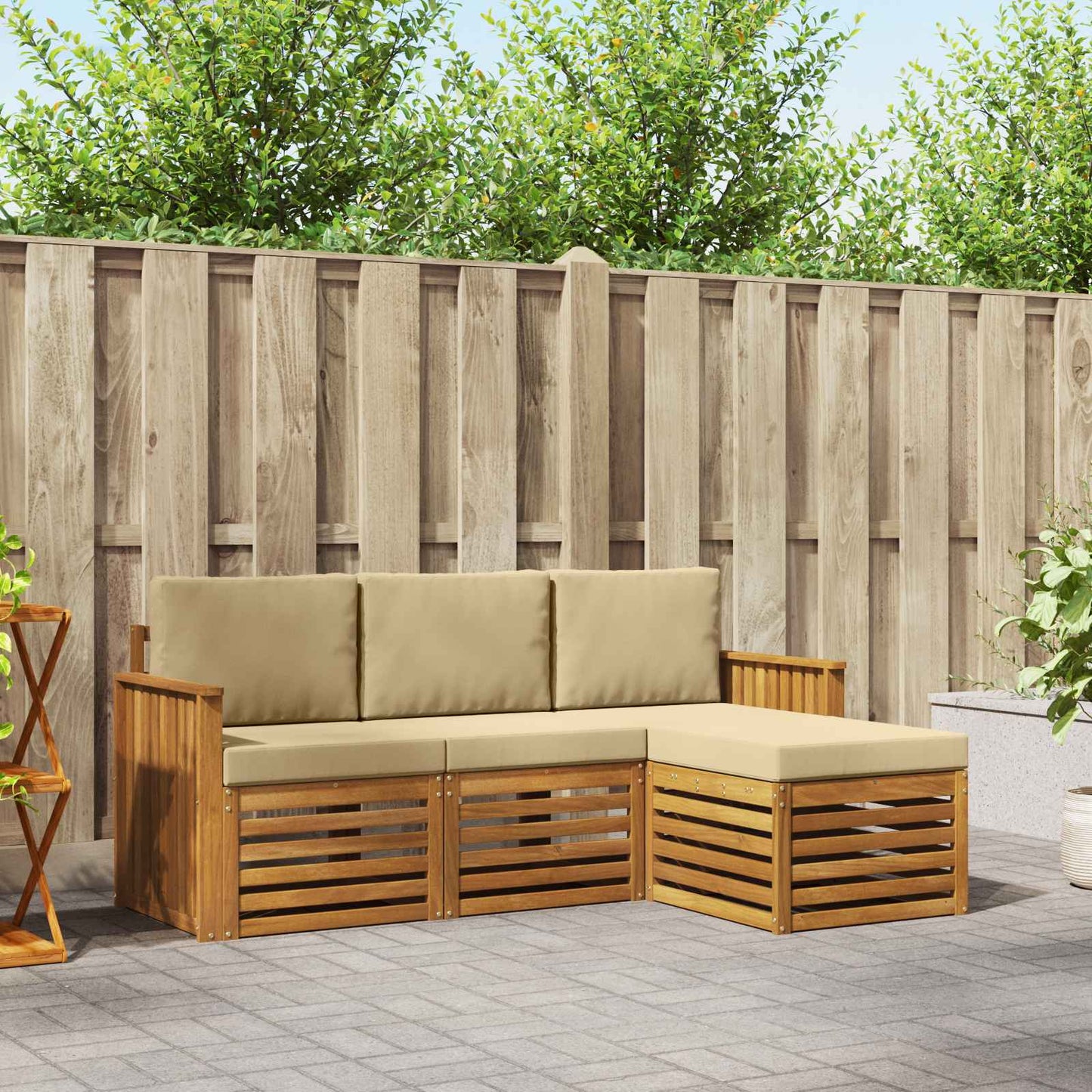 Set divani 4 pcs Naturale e Beige Legno di Acacia Massello