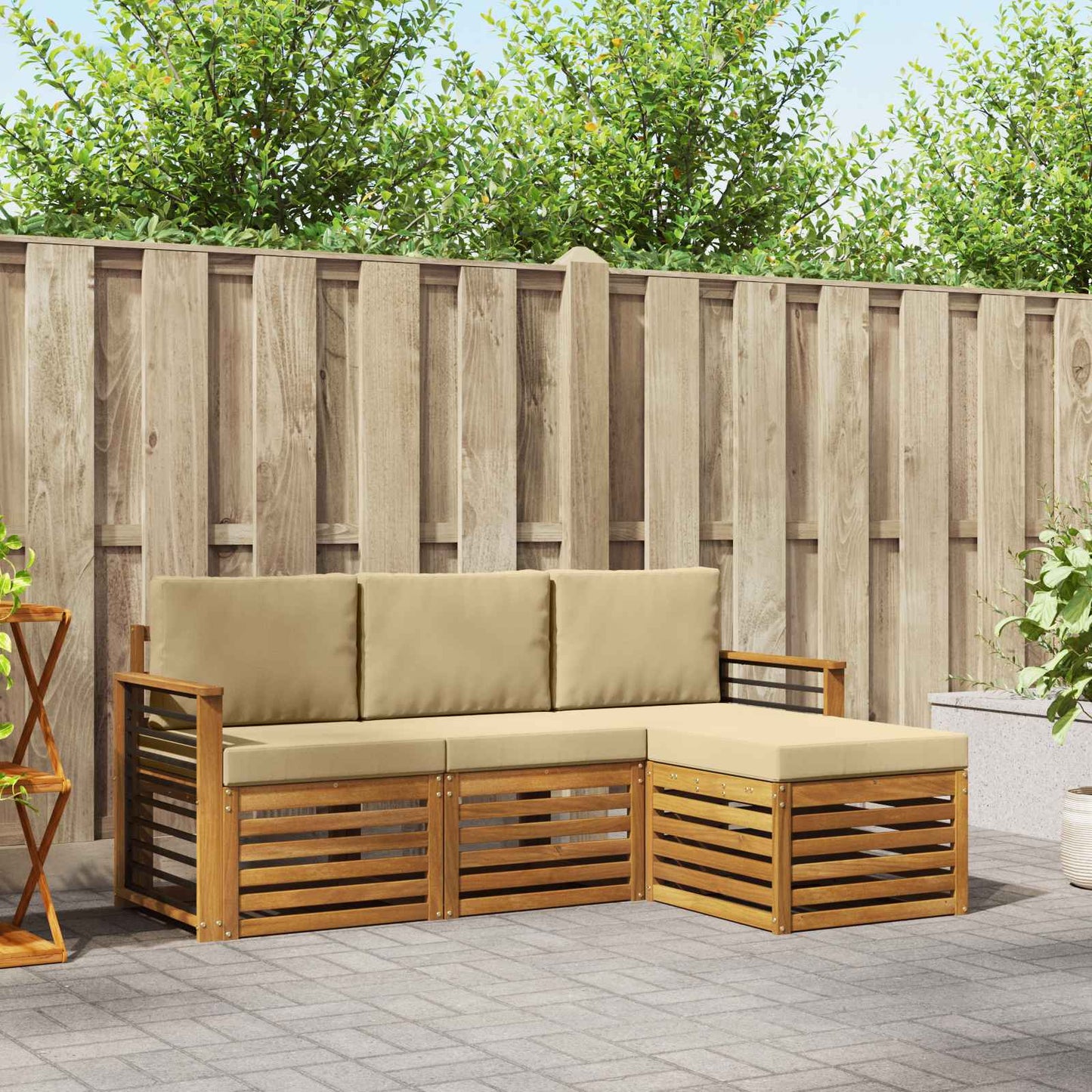Set divani 4 pcs Naturale e Beige Legno di Acacia Massello
