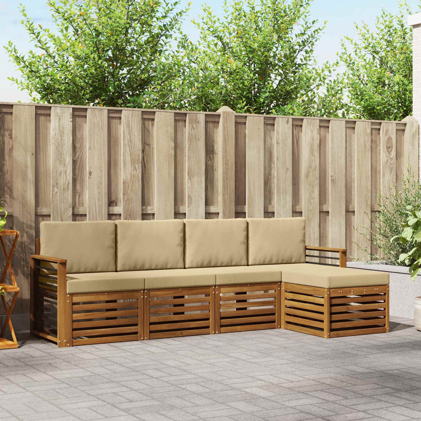 Set divani 5 pcs Naturale e Beige Legno di Acacia Massello