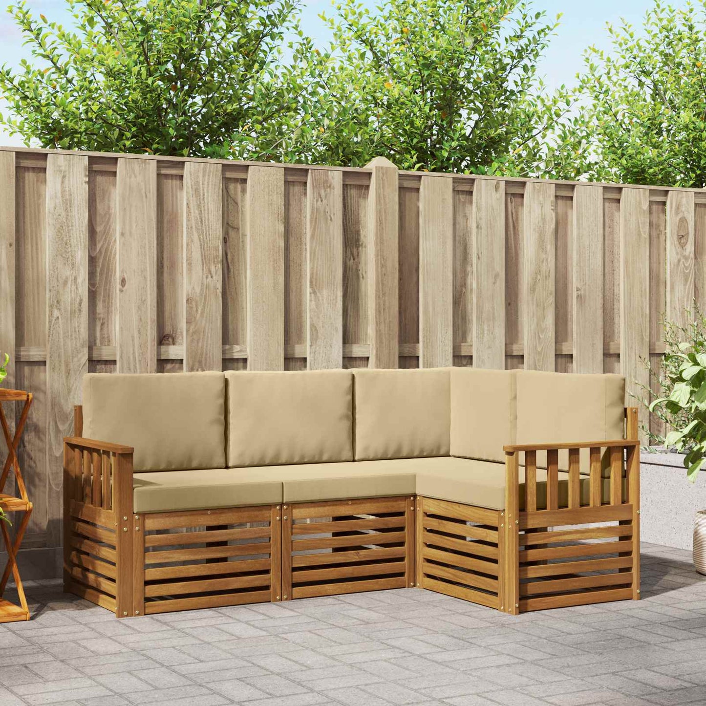 Set divani 4 pcs Naturale e Beige Legno di Acacia Massello