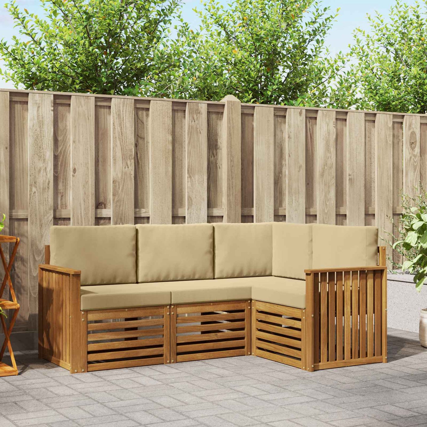 Set divani 4 pcs Naturale e Beige Legno di Acacia Massello