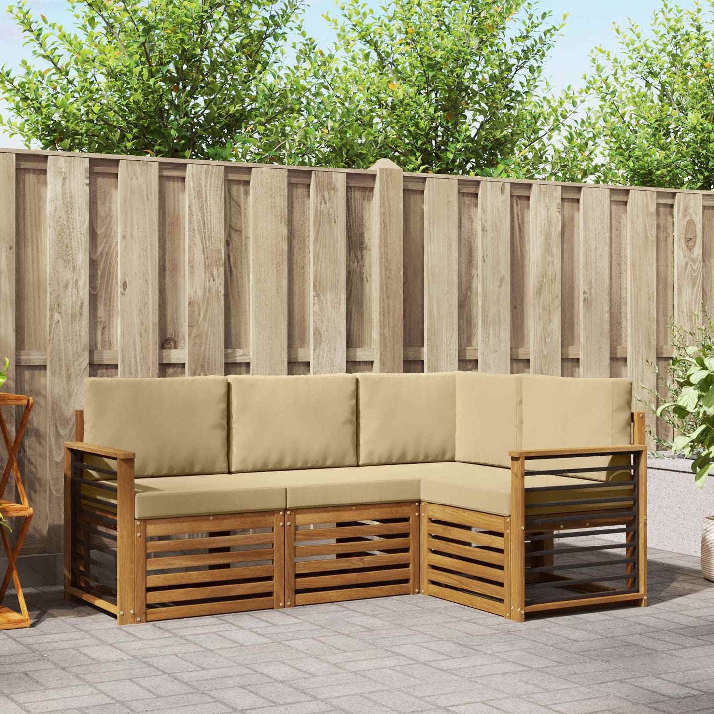 Set divani 4 pcs Naturale e Beige Legno di Acacia Massello