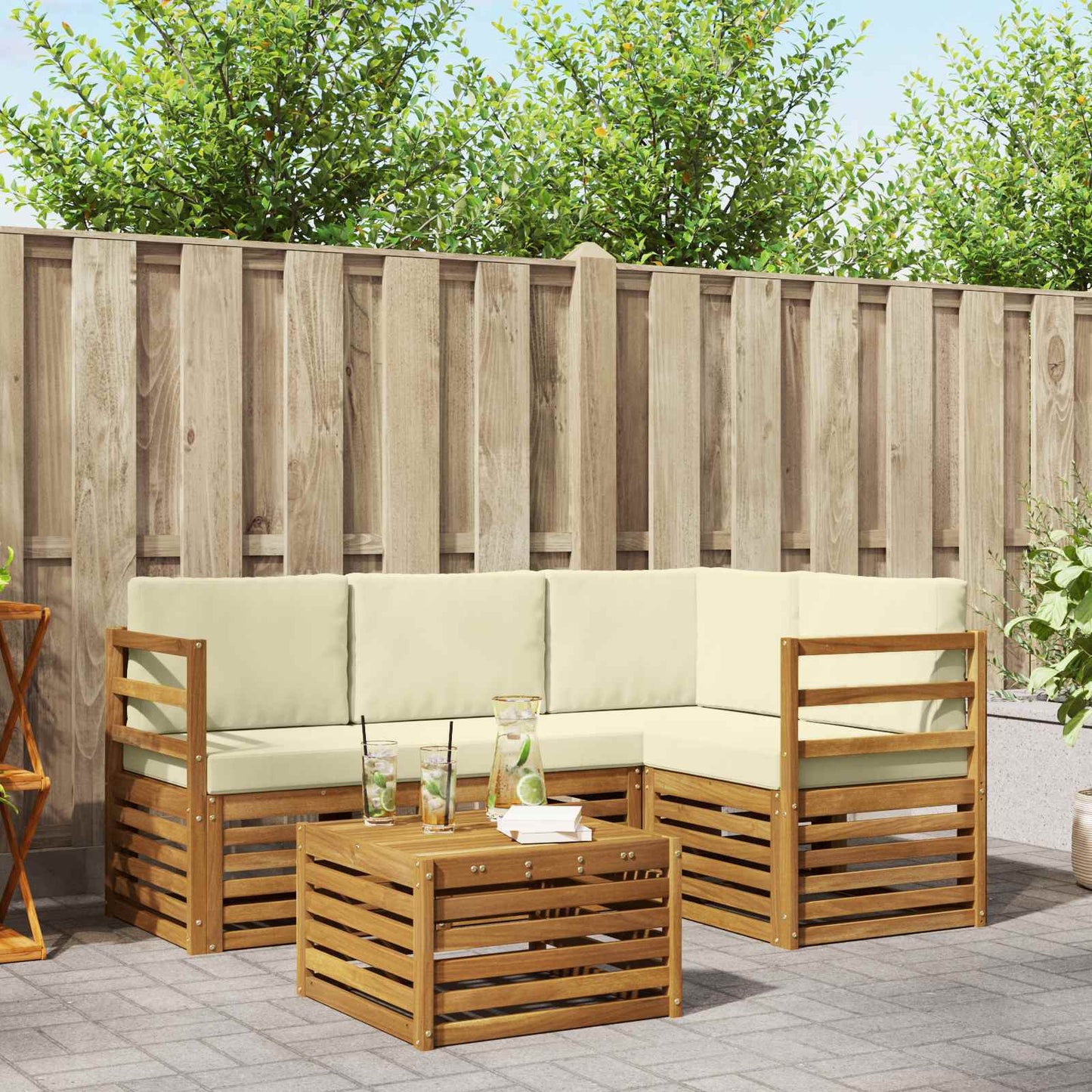 Set divani 5 pcs Naturale e Crema Legno di Acacia Massello