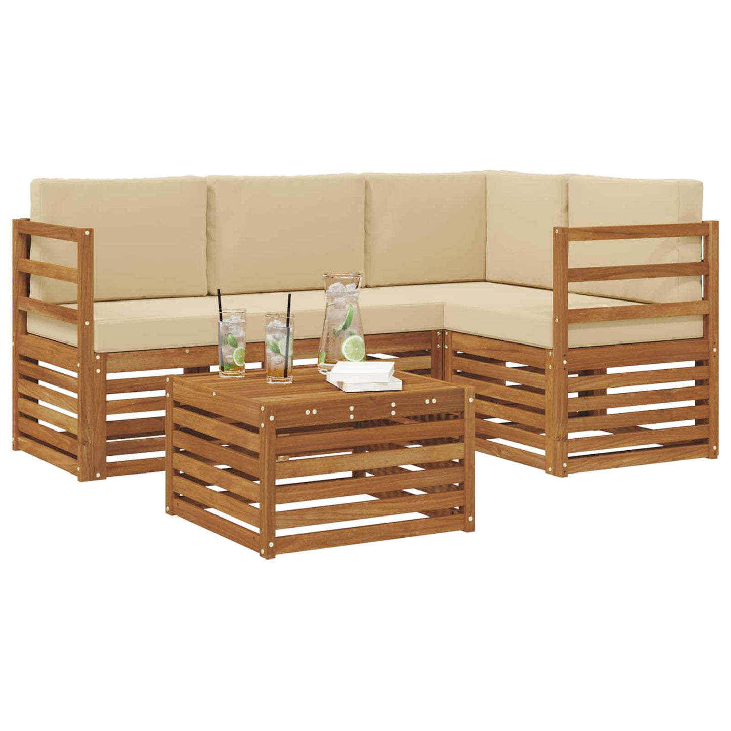 Set divani 5 pcs Naturale e Beige Legno di Acacia Massello