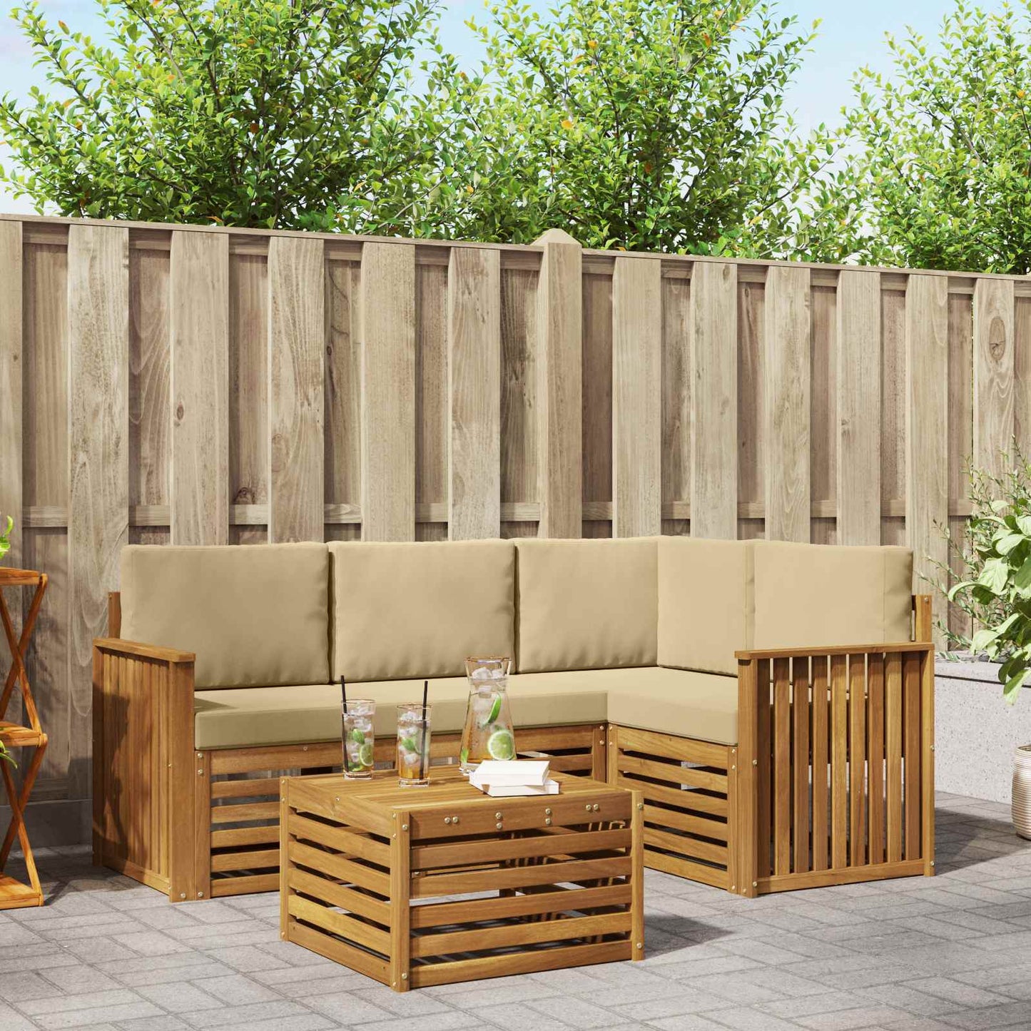Set divani 5 pcs Naturale e Beige Legno di Acacia Massello