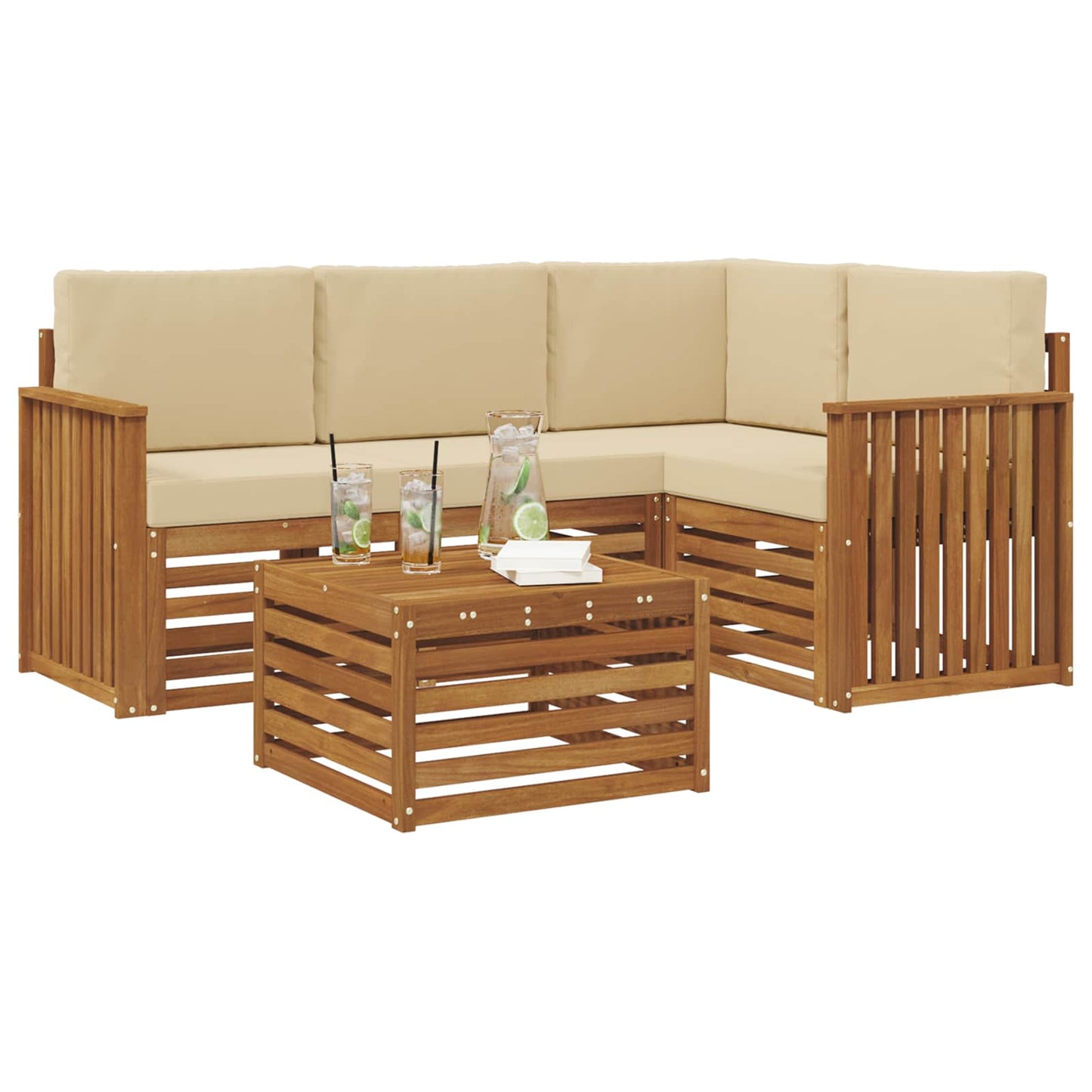 Set divani 5 pcs Naturale e Beige Legno di Acacia Massello