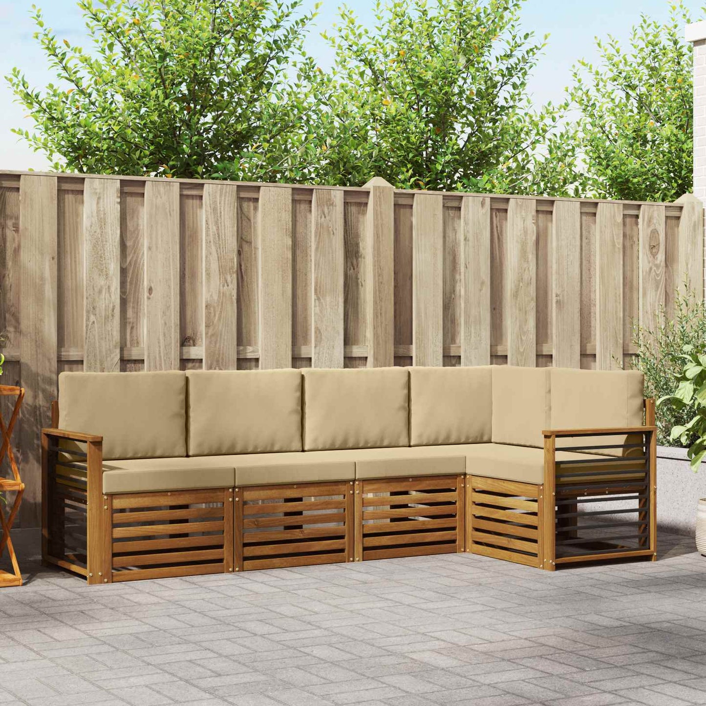 Set divani 5 pcs Naturale e Beige Legno di Acacia Massello