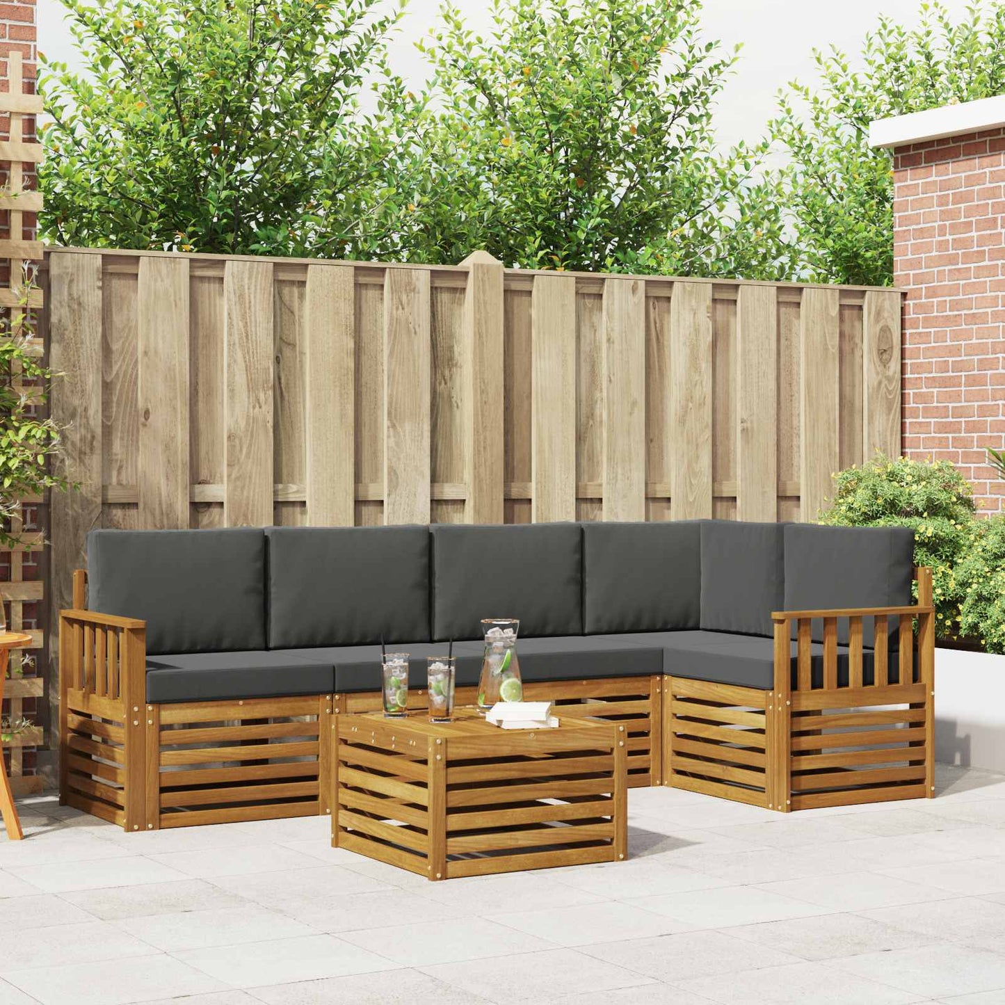 Set divani 6 pcs Naturale e Antracite Legno di Acacia Massello