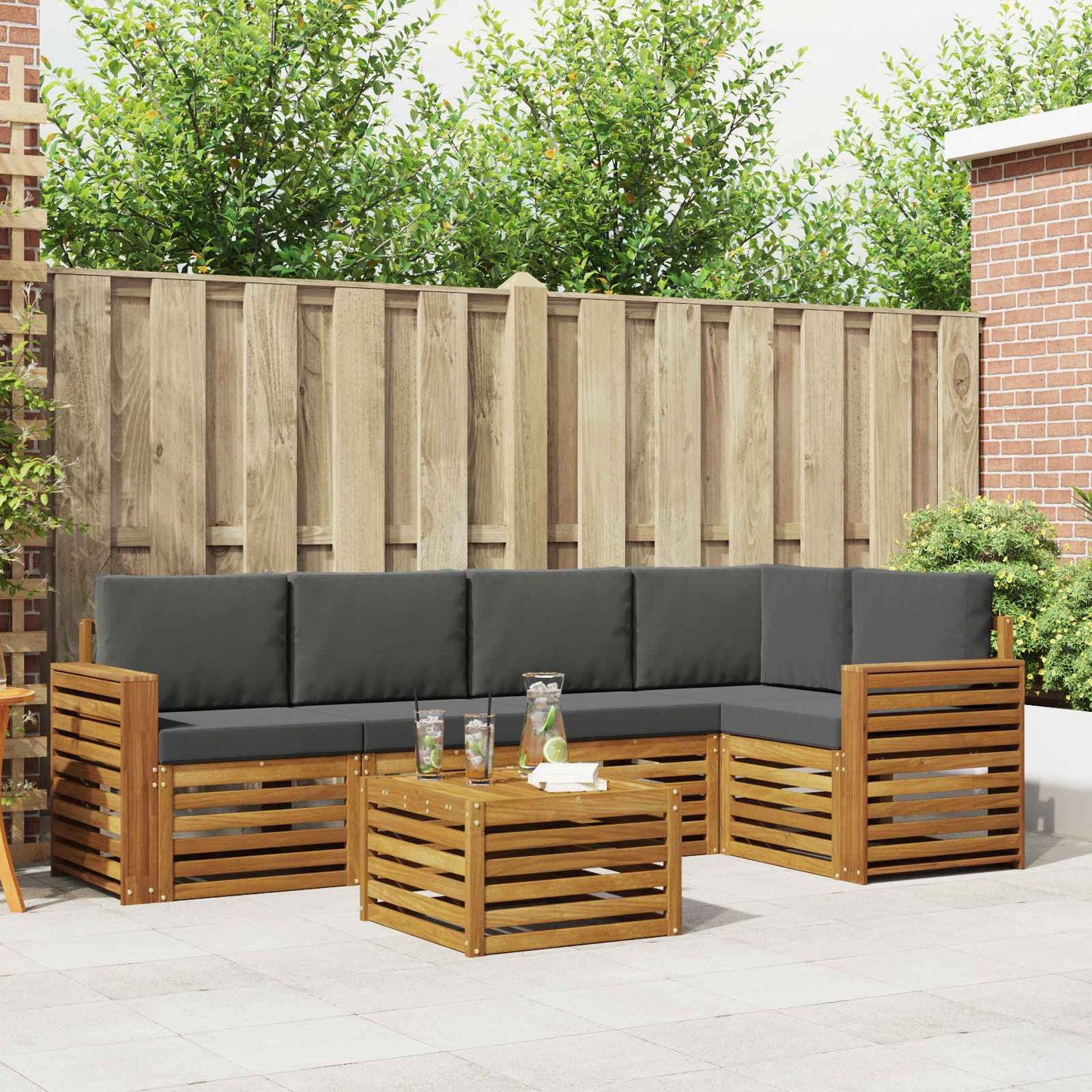 Set divani 6 pcs Naturale e Antracite Legno di Acacia Massello