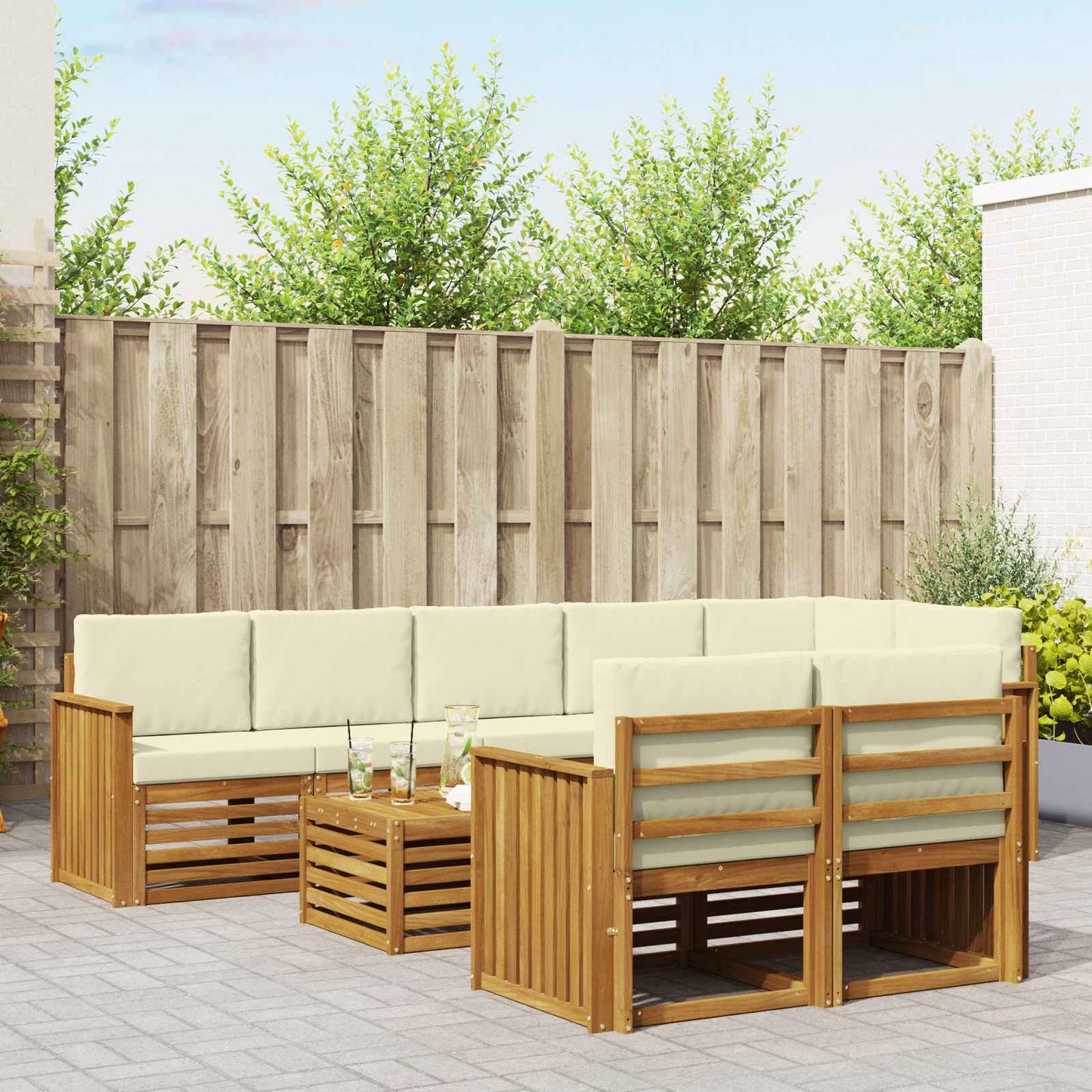Set divani 9 pcs Naturale e Crema Legno di Acacia Massello