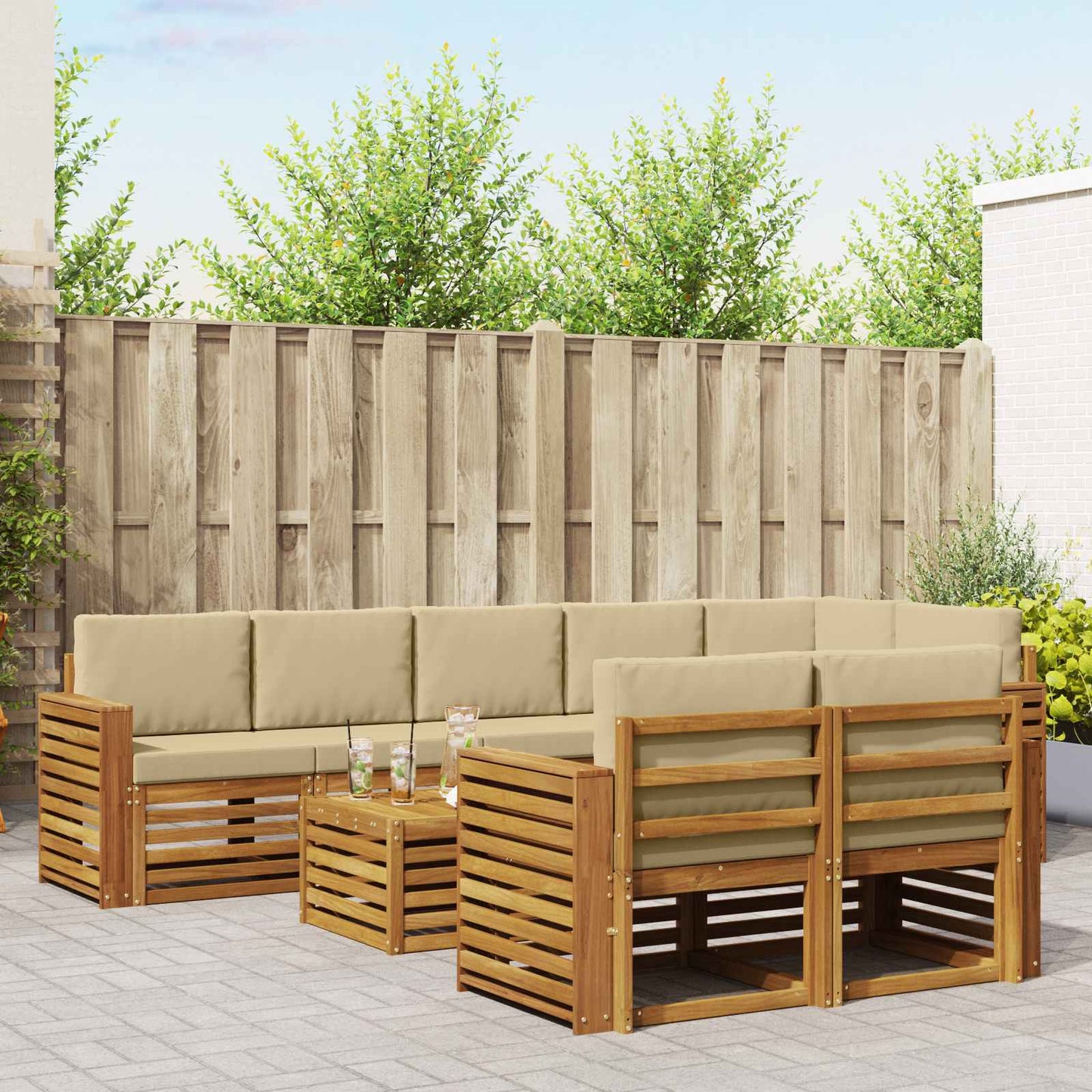 Set divani 9 pcs Naturale e Beige Legno di Acacia Massello