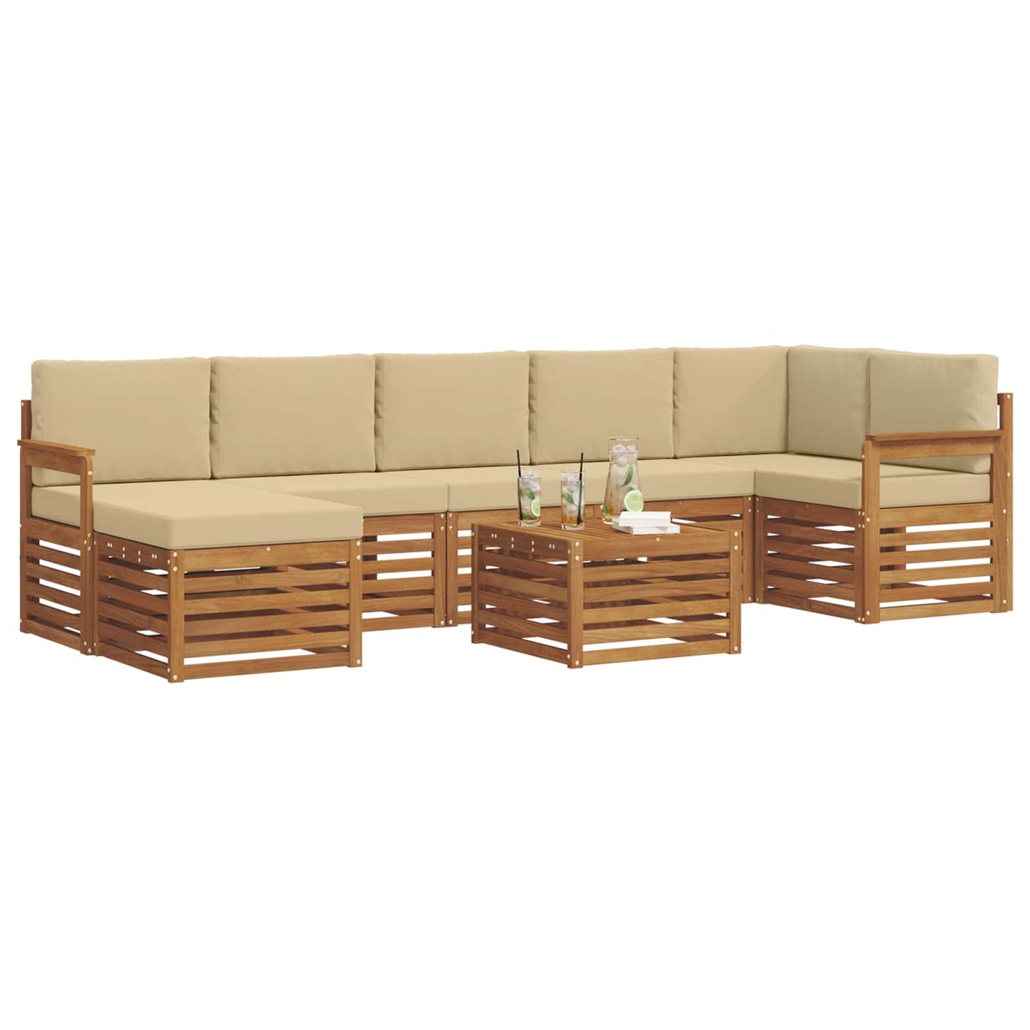 Set divani 8 pcs Naturale e Beige Legno di Acacia Massello