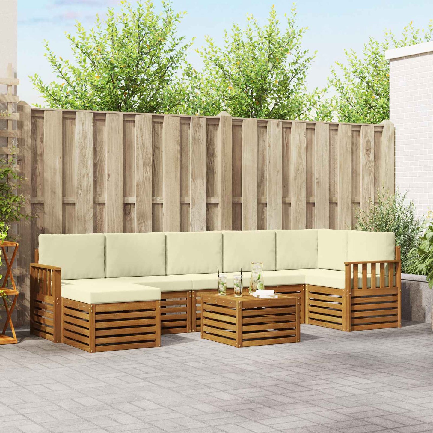 Set divani 8 pcs Naturale e Crema Legno di Acacia Massello