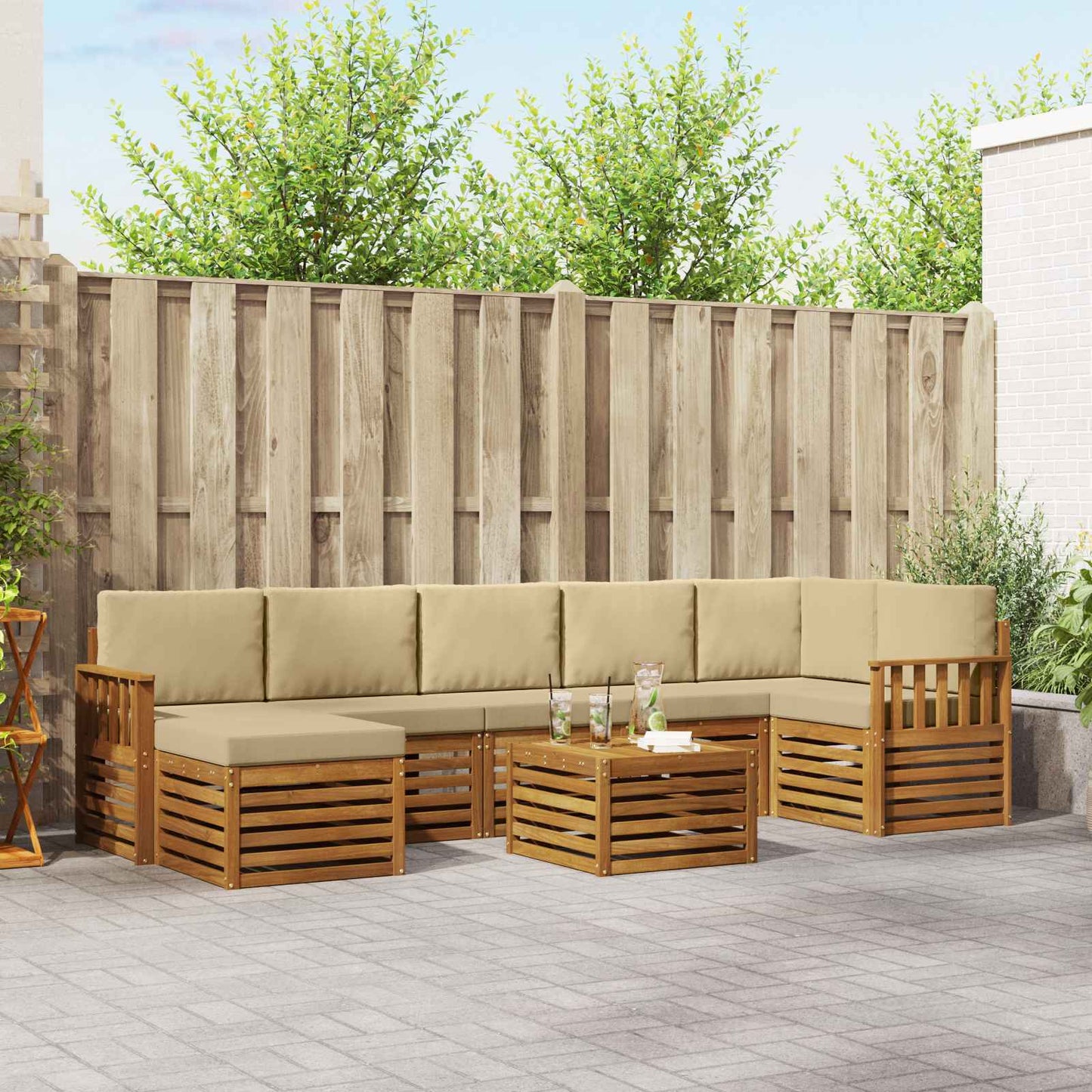 Set divani 8 pcs Naturale e Beige Legno di Acacia Massello