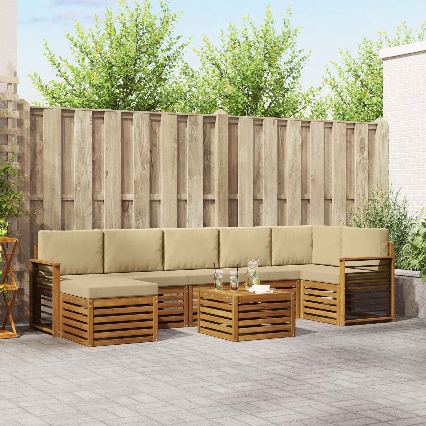 Set divani 8 pcs Naturale e Beige Legno di Acacia Massello