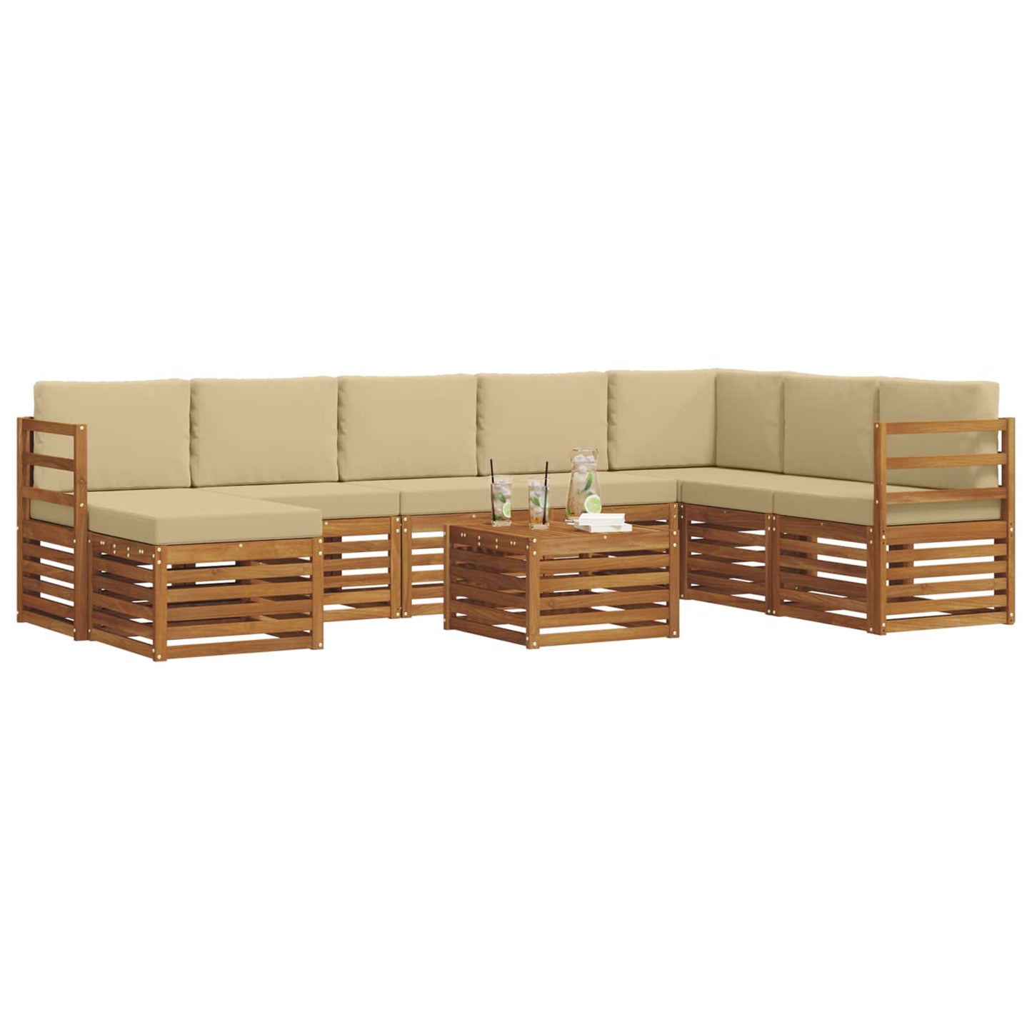 Set divani 9 pcs Naturale e Beige Legno di Acacia Massello