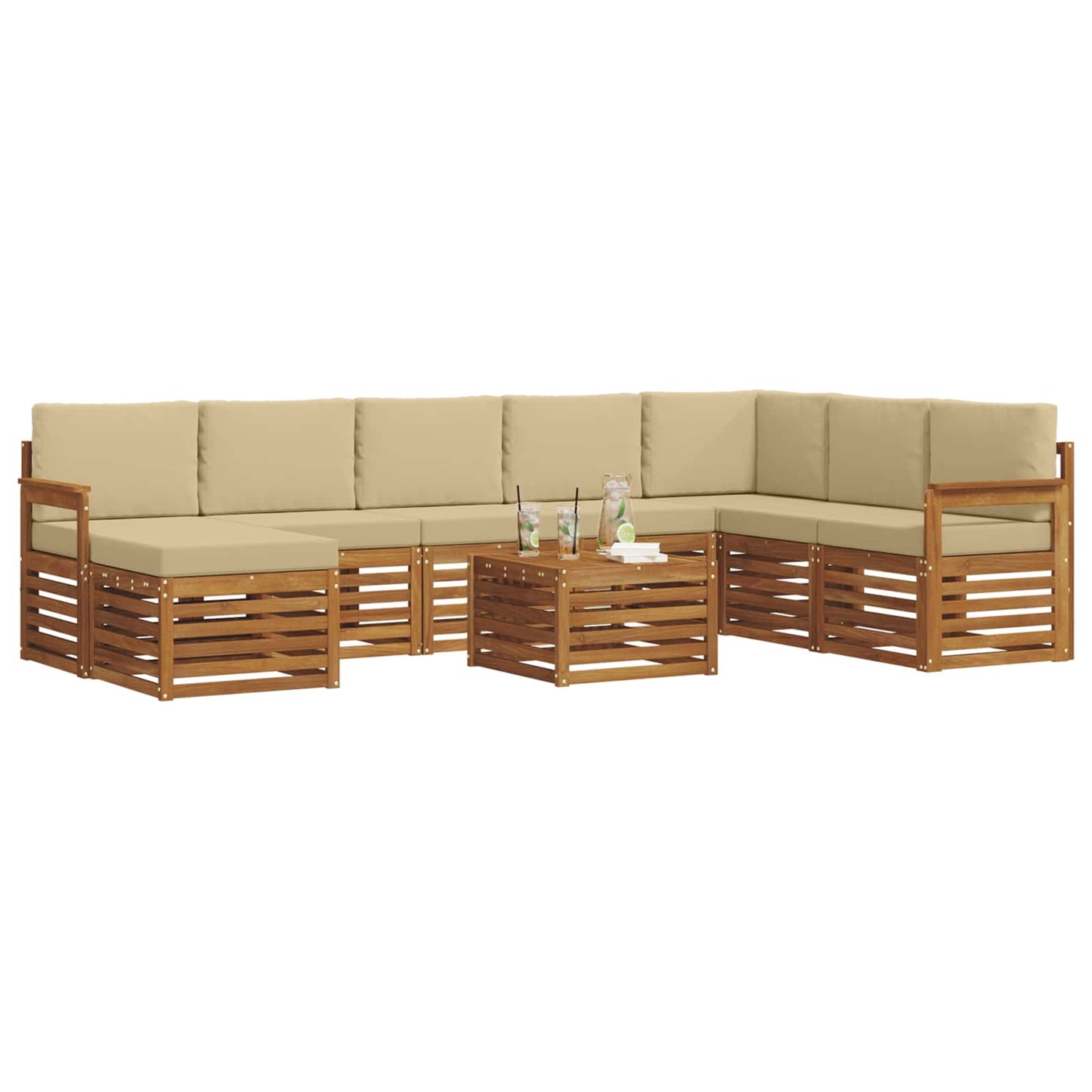 Set divani 9 pcs Naturale e Beige Legno di Acacia Massello