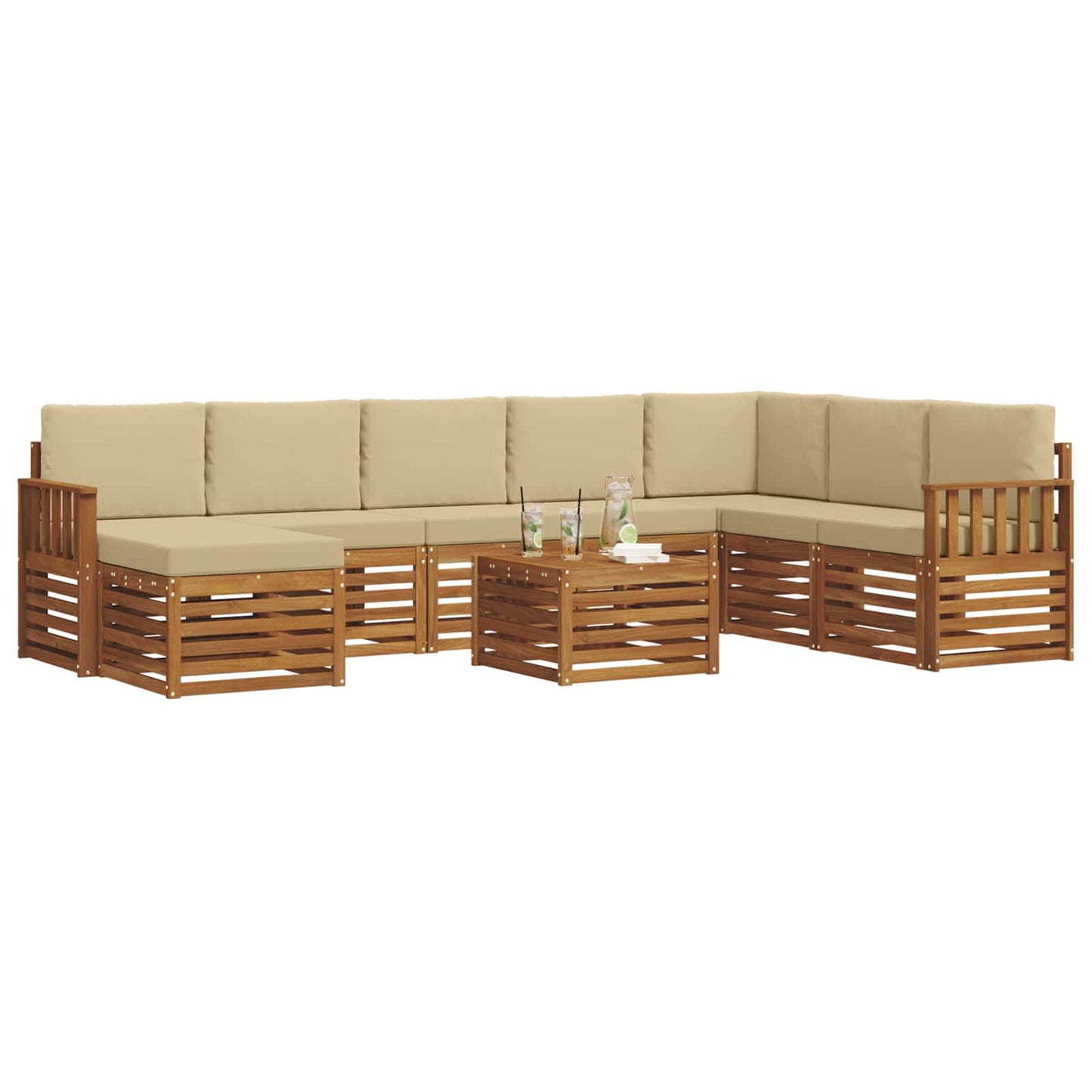 Set divani 9 pcs Naturale e Beige Legno di Acacia Massello