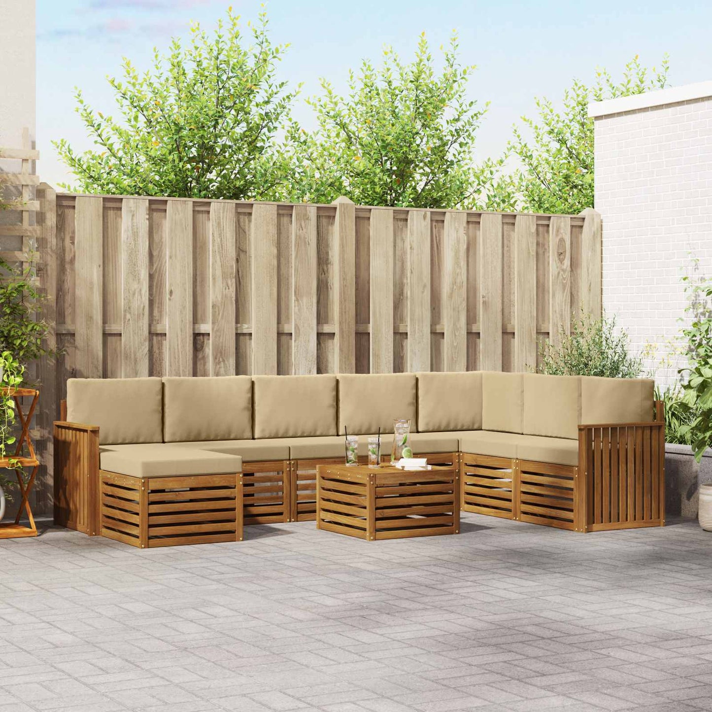 Set divani 9 pcs Naturale e Beige Legno di Acacia Massello