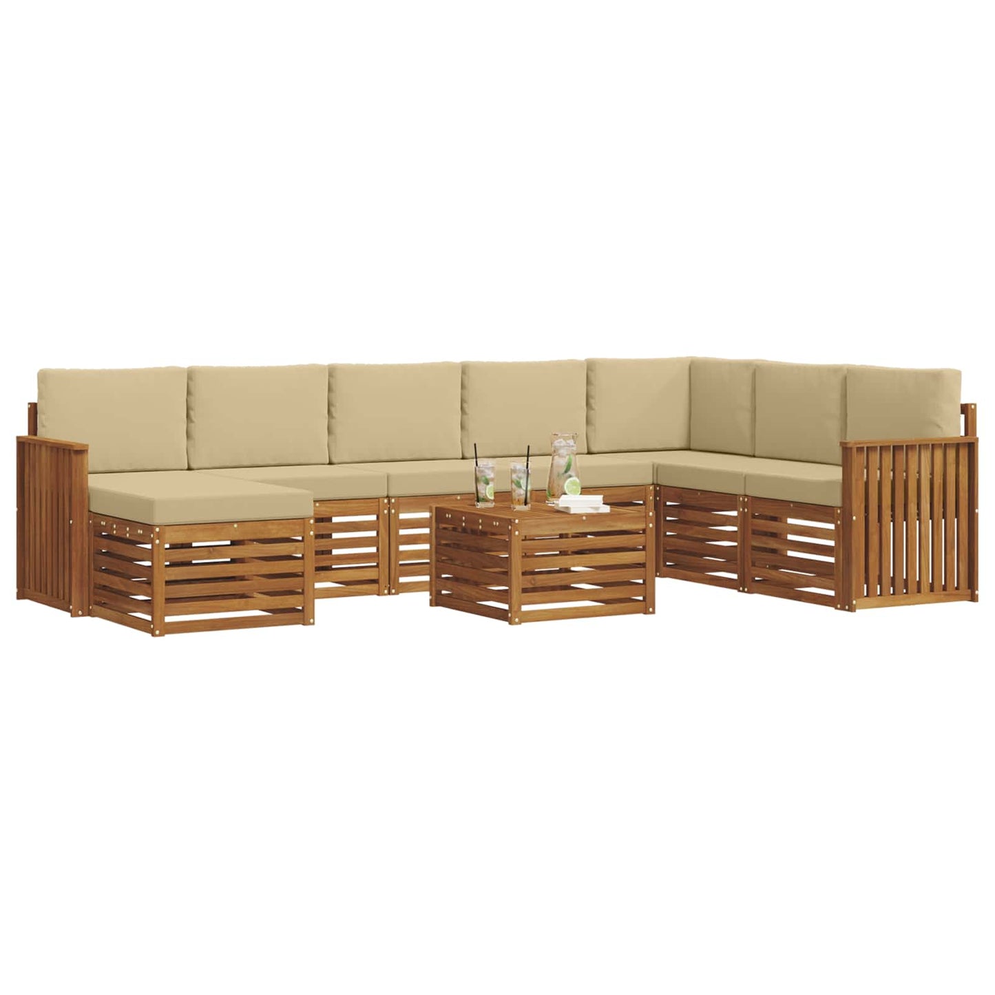 Set divani 9 pcs Naturale e Beige Legno di Acacia Massello