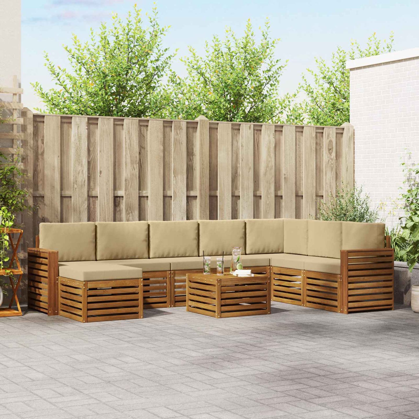 Set divani 9 pcs Naturale e Beige Legno di Acacia Massello