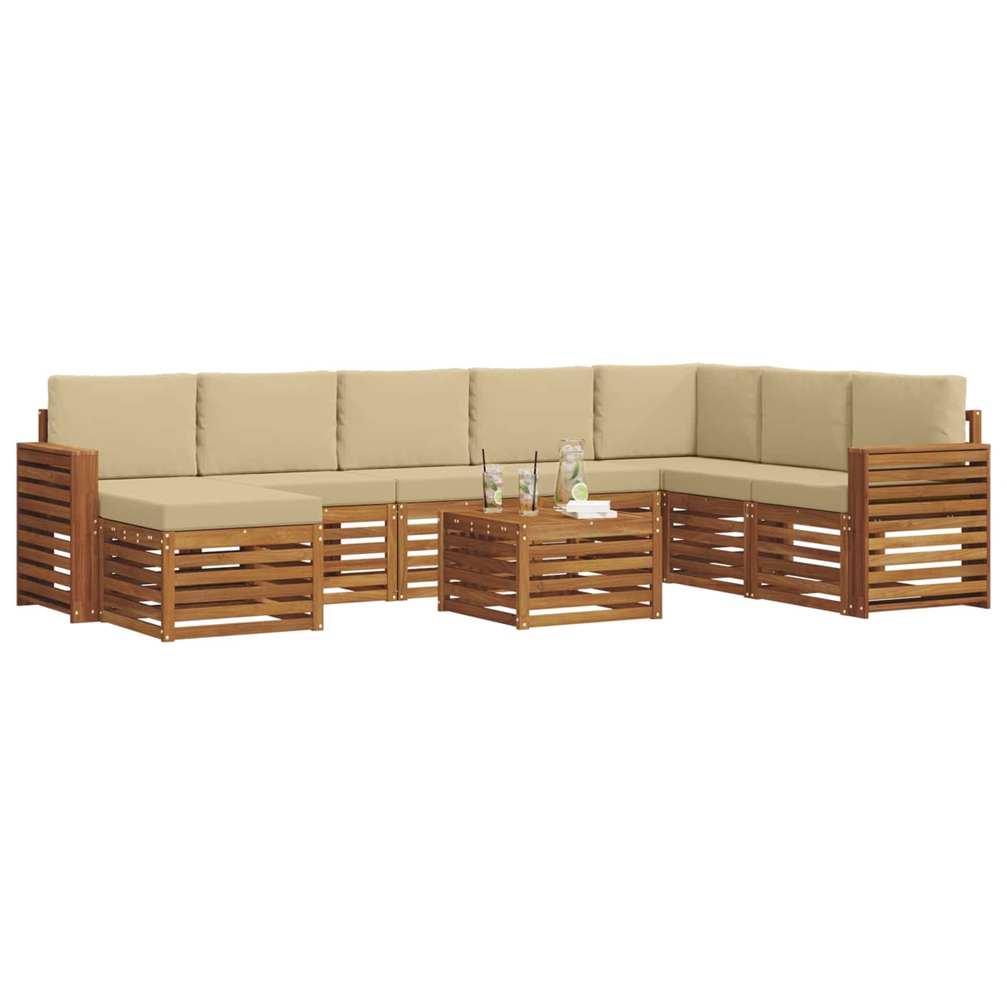 Set divani 9 pcs Naturale e Beige Legno di Acacia Massello
