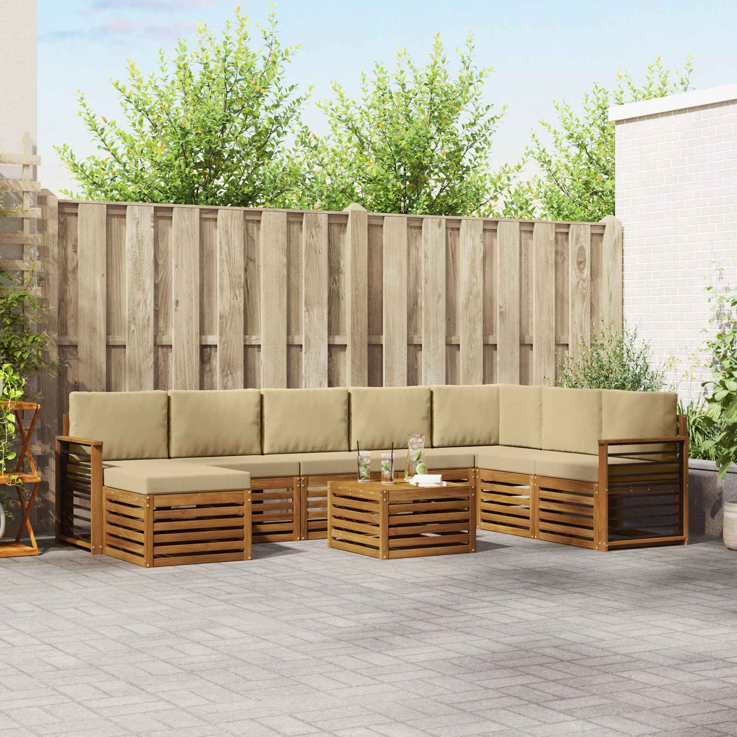 Set divani 9 pcs Naturale e Beige Legno di Acacia Massello