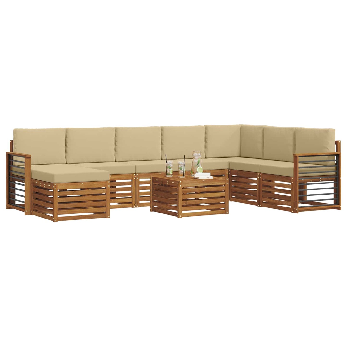 Set divani 9 pcs Naturale e Beige Legno di Acacia Massello