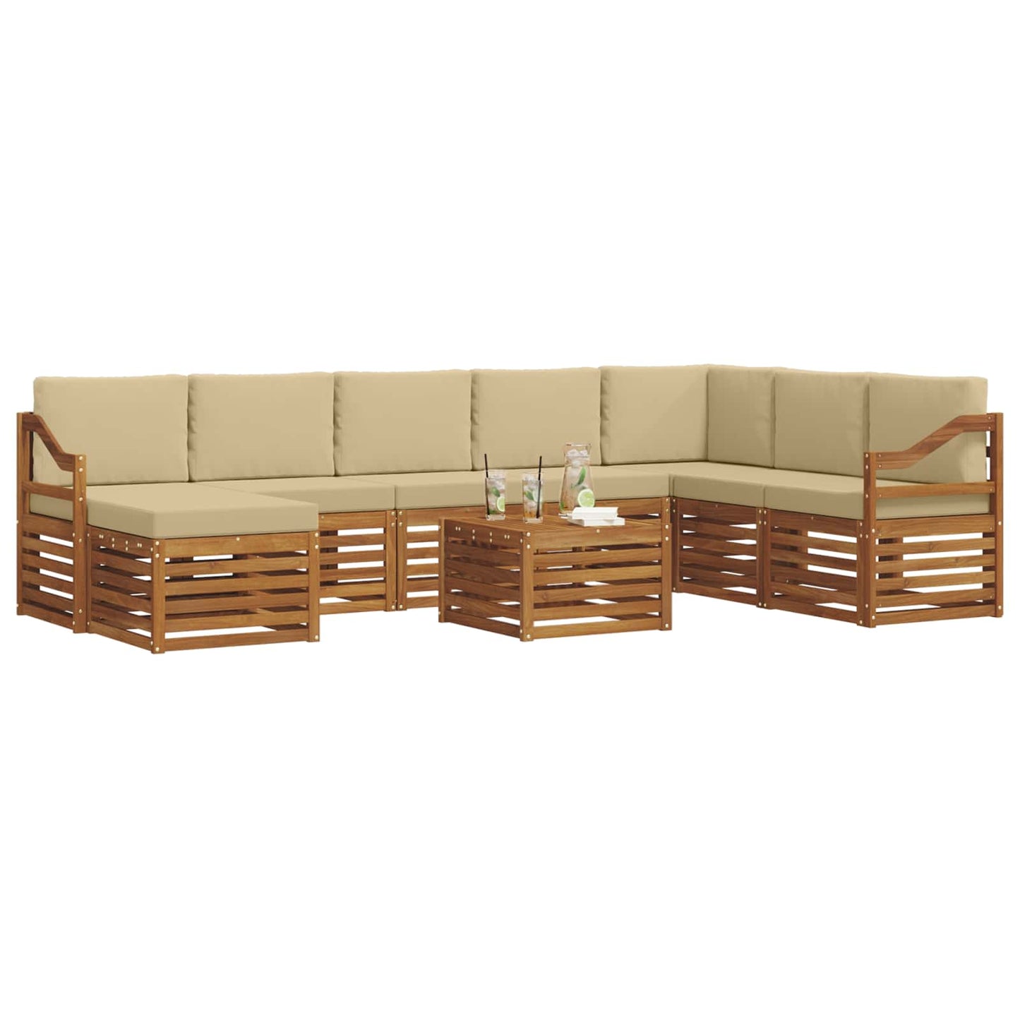 Set divani 9 pcs Naturale e Beige Legno di Acacia Massello