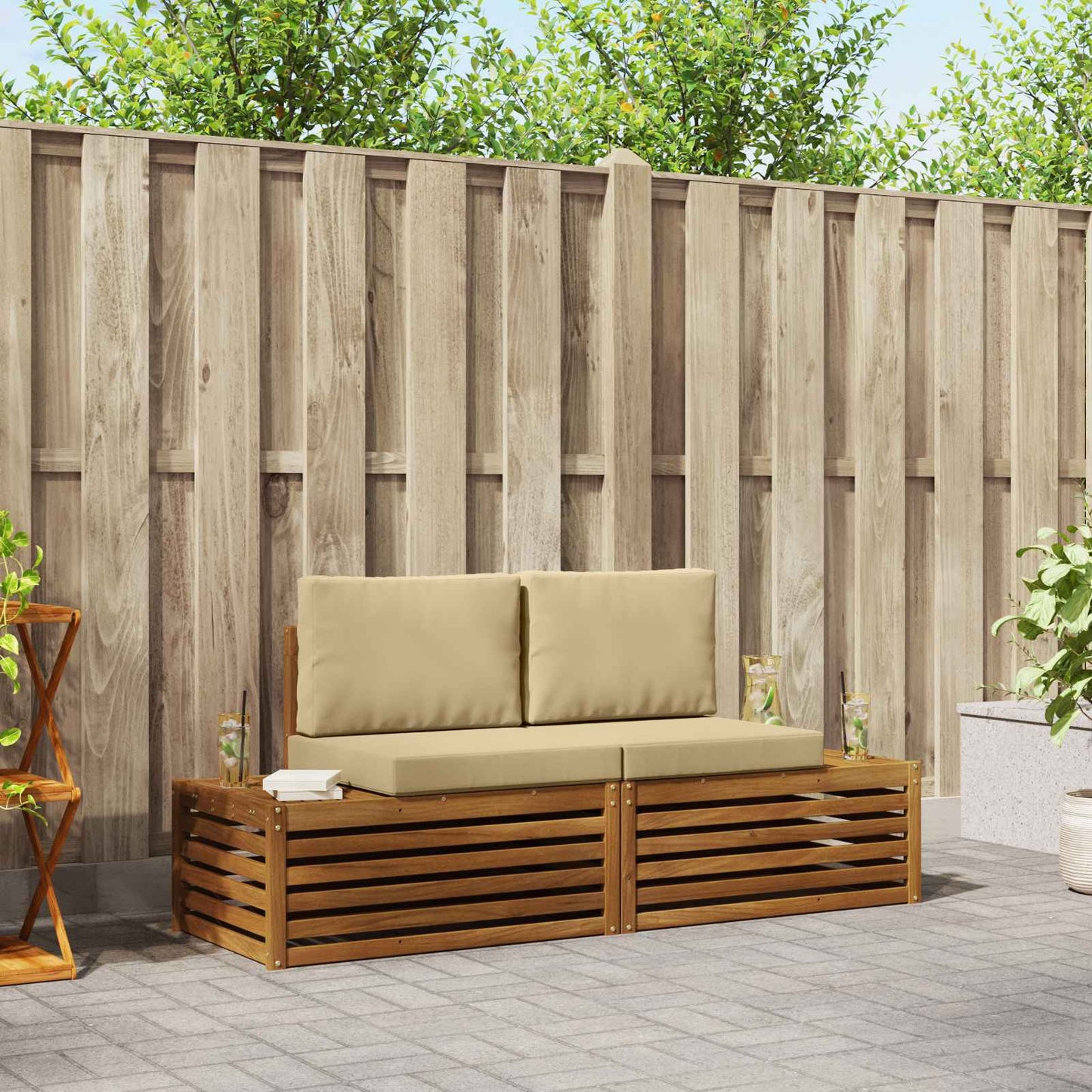 Set di divani da esterno con cuscino 2 Pezzo Naturale e Beige